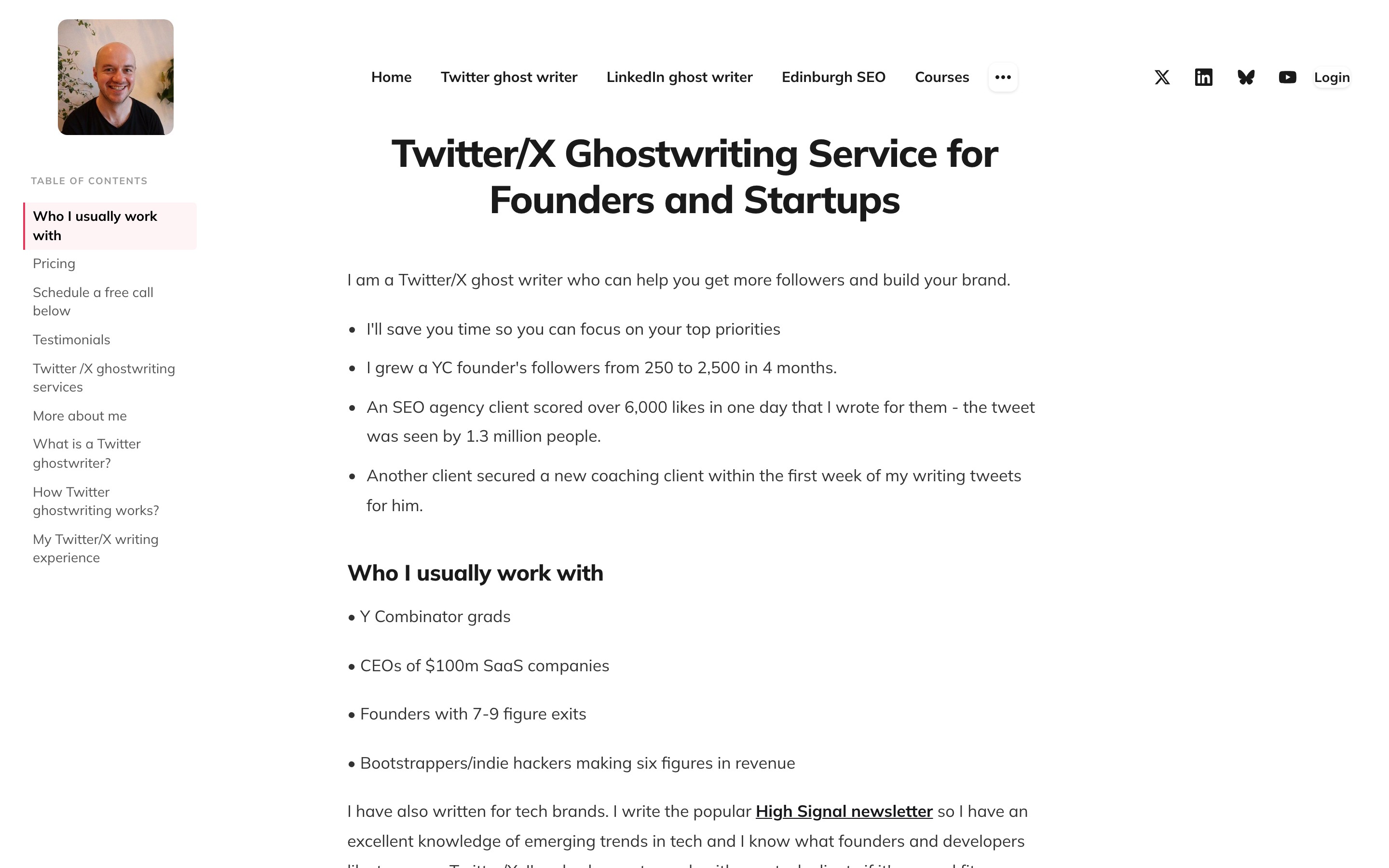 Twitter/X Ghostwriting Services for Founders landing page — first screen