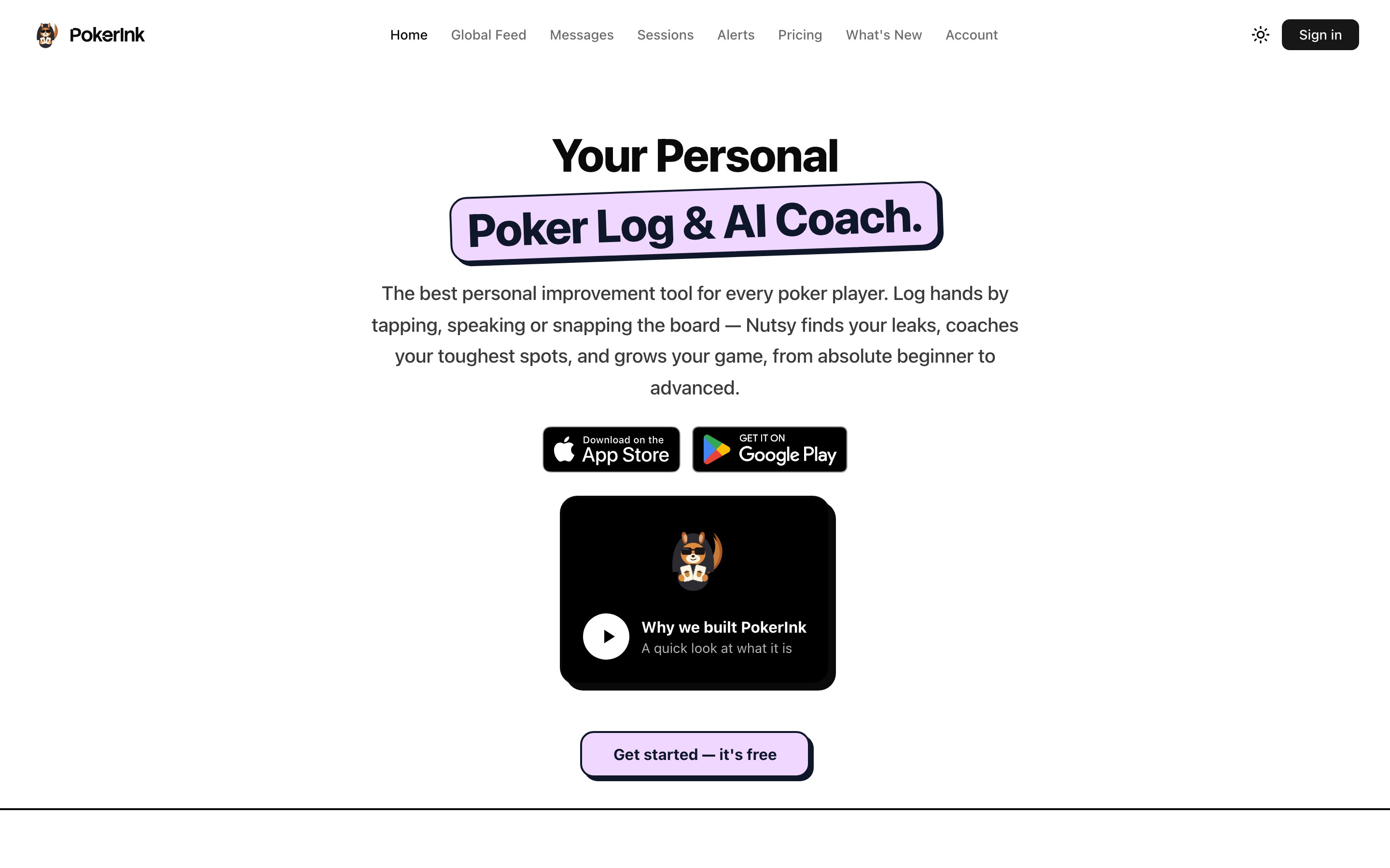 PokerInk: Poker Log & AI Coach landing page — first screen