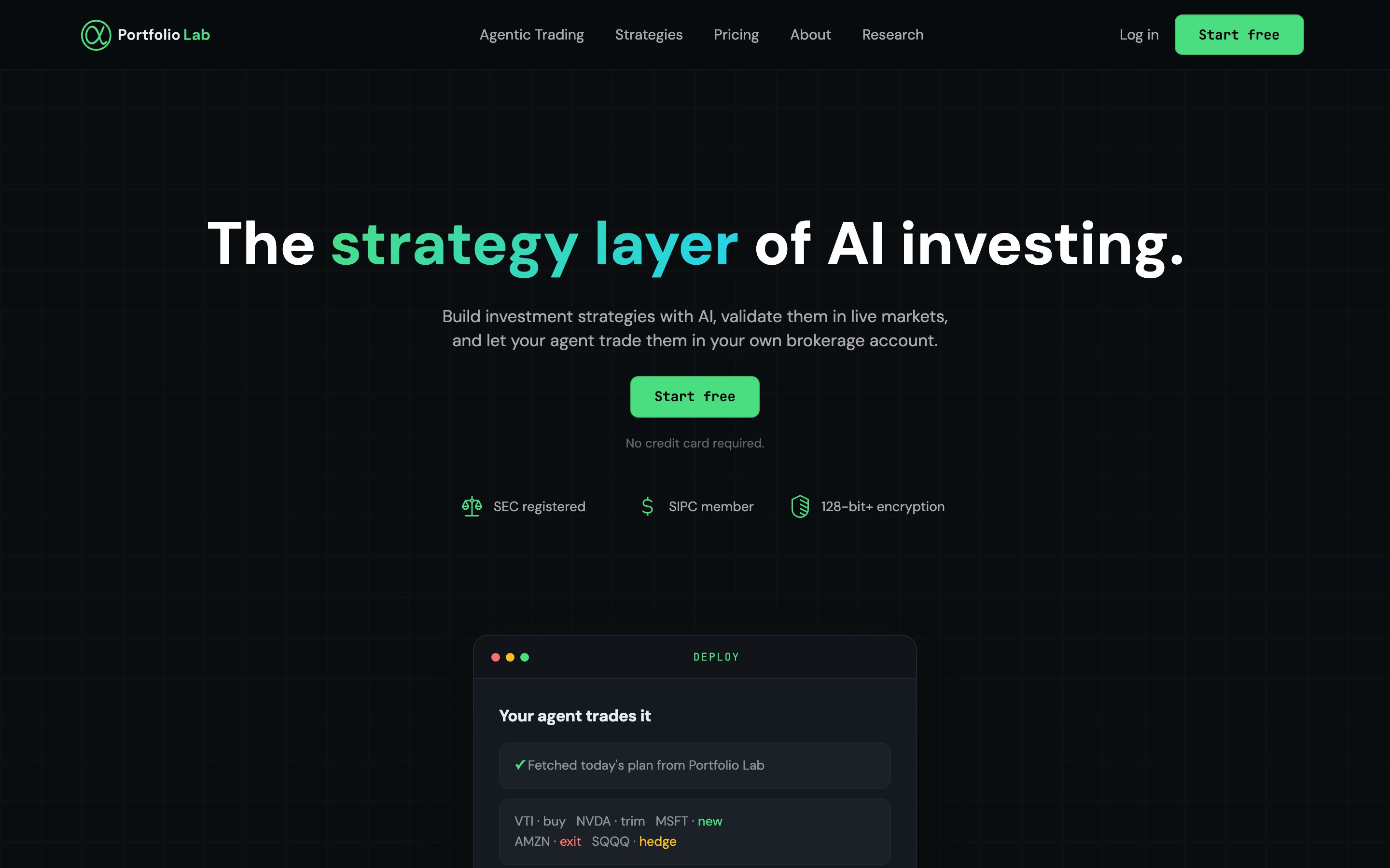 Portfolio Lab landing page — first screen