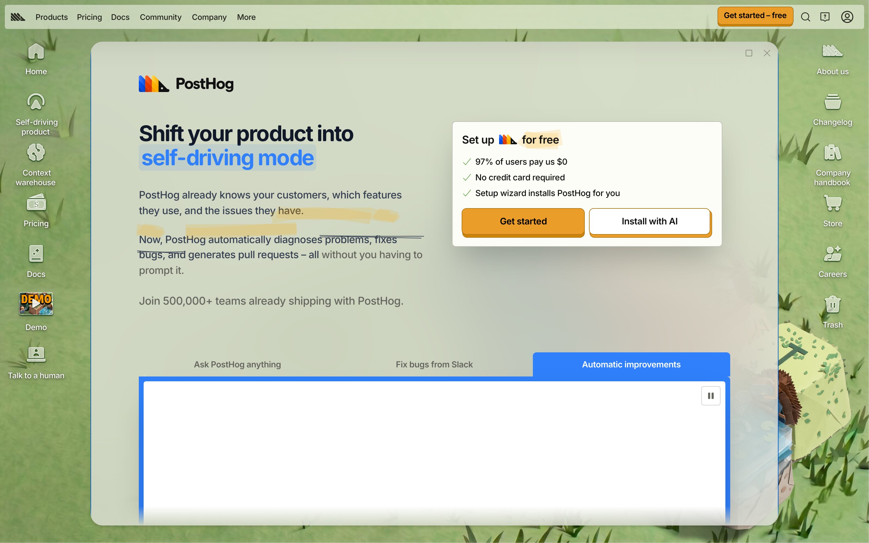 PostHog landing page — first screen