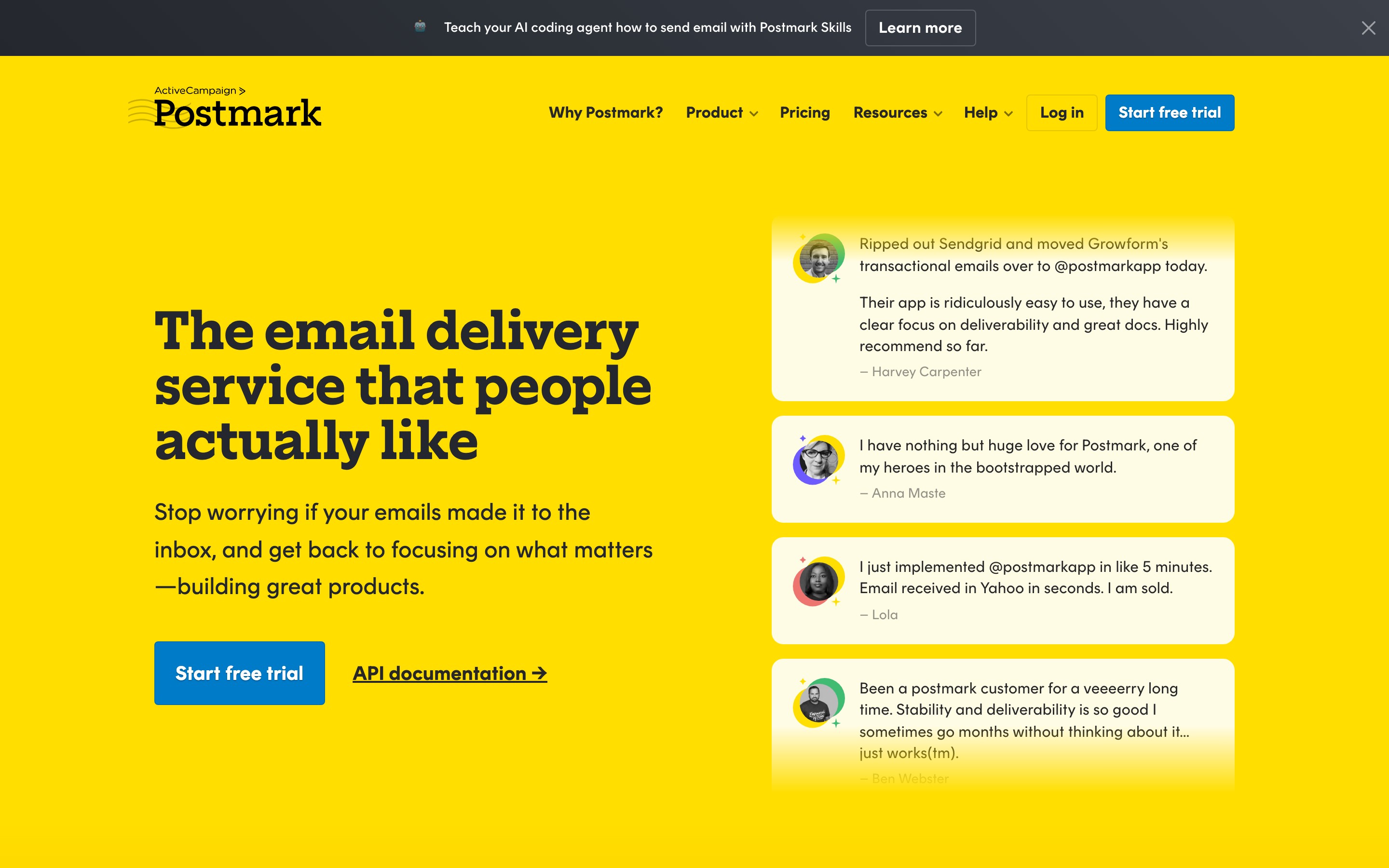 Postmark landing page — first screen