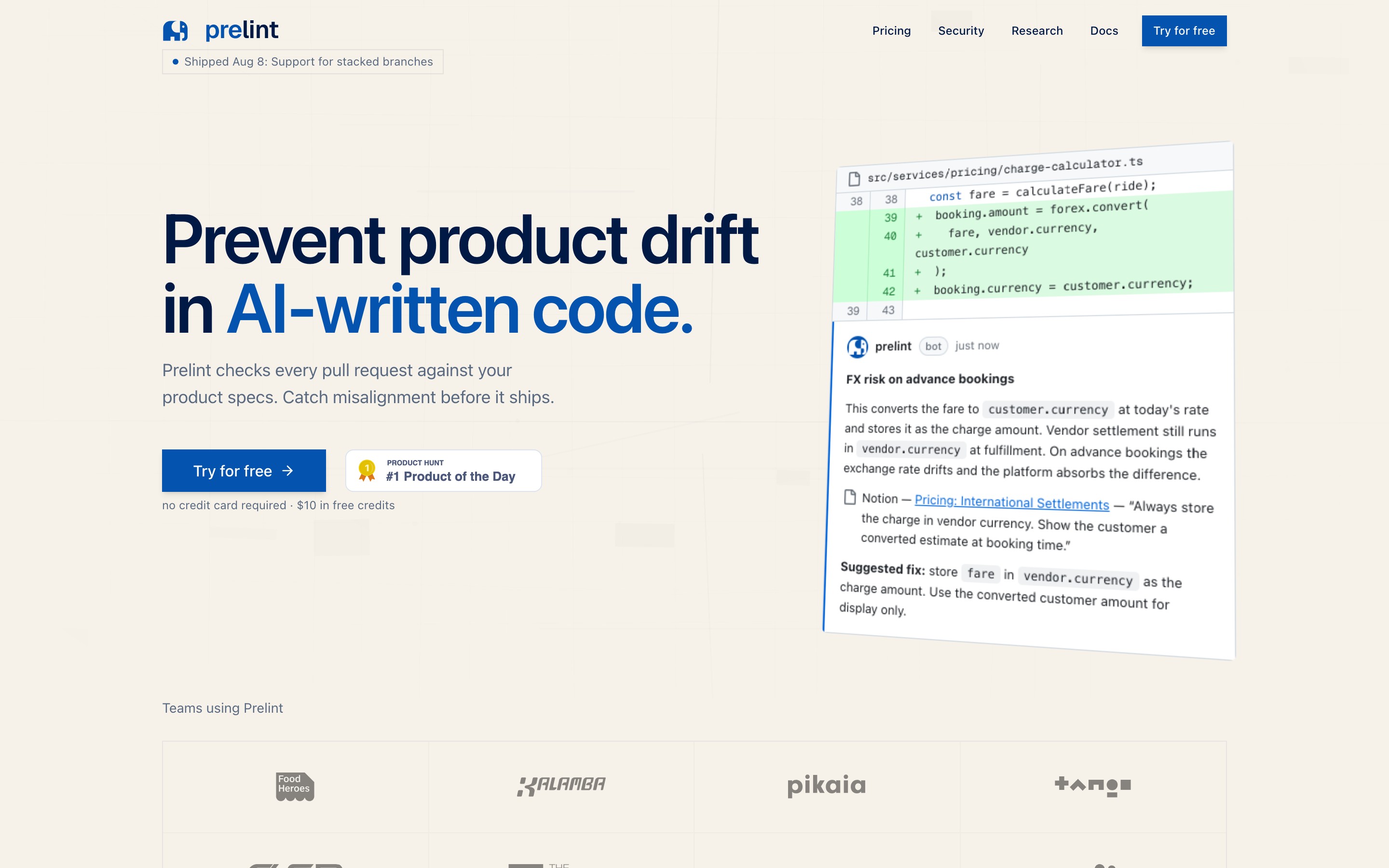 Prelint landing page — first screen