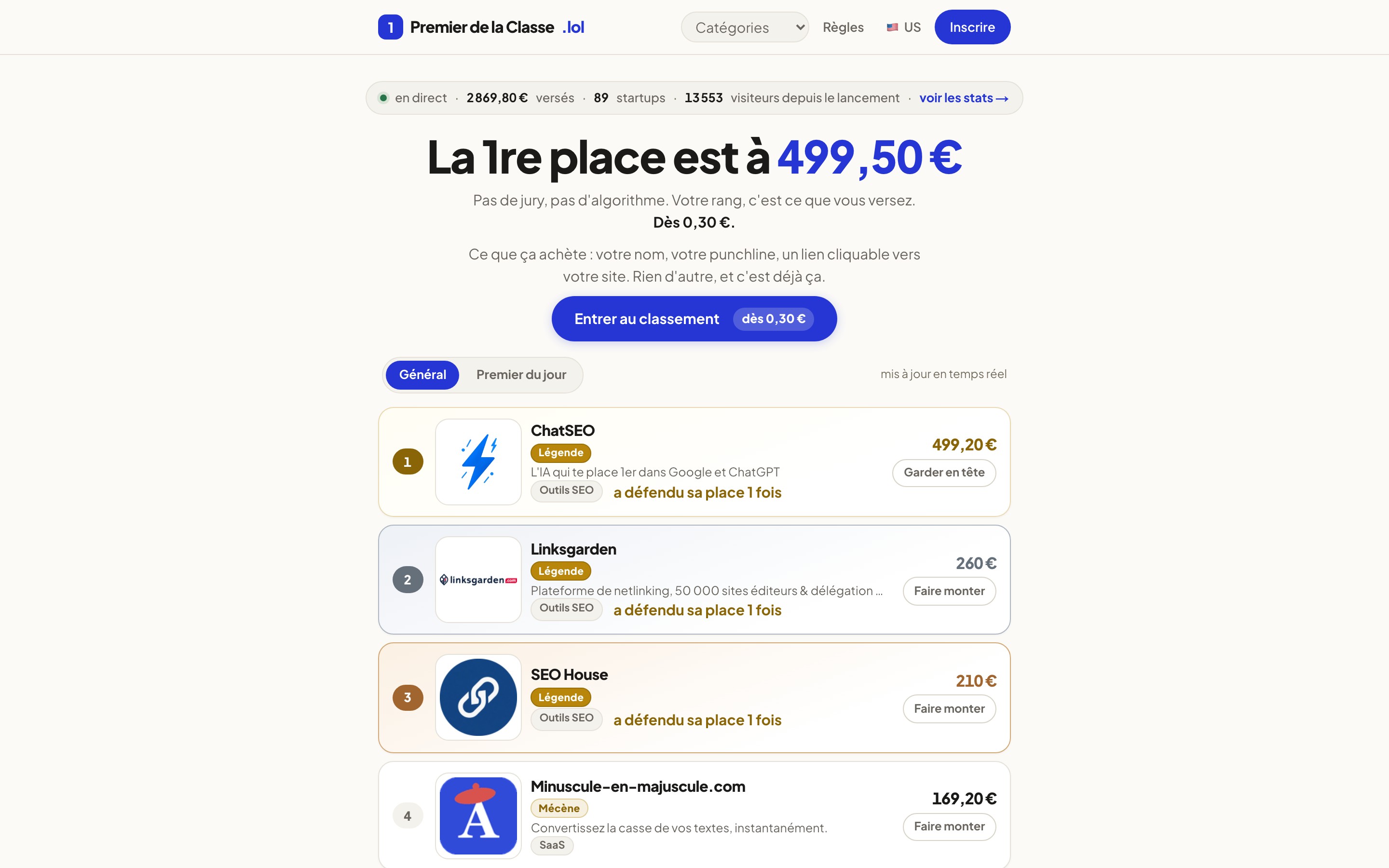 Premier de la Classe, le classement acheté des startups françaises landing page — first screen