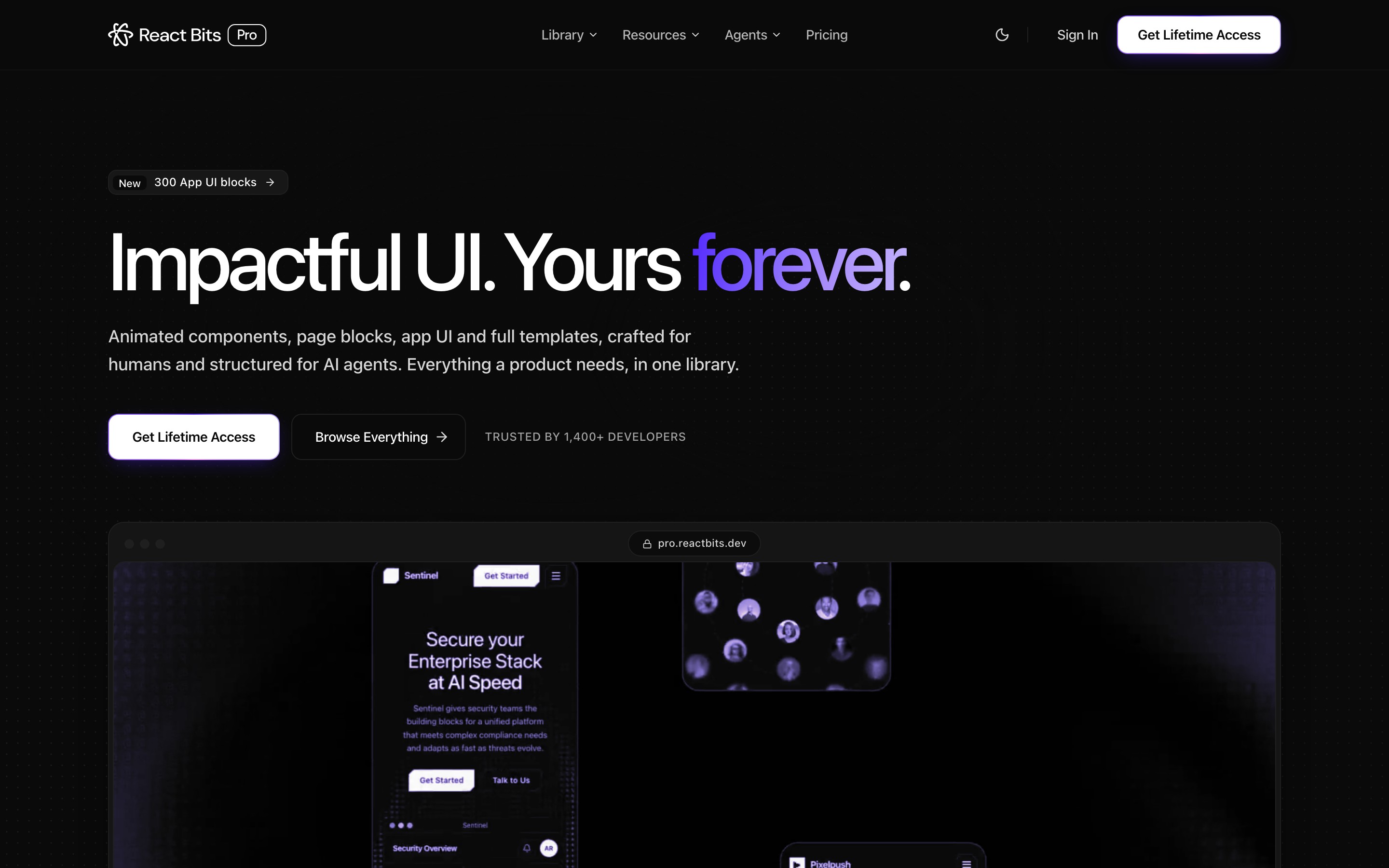 React Bits Pro landing page — first screen