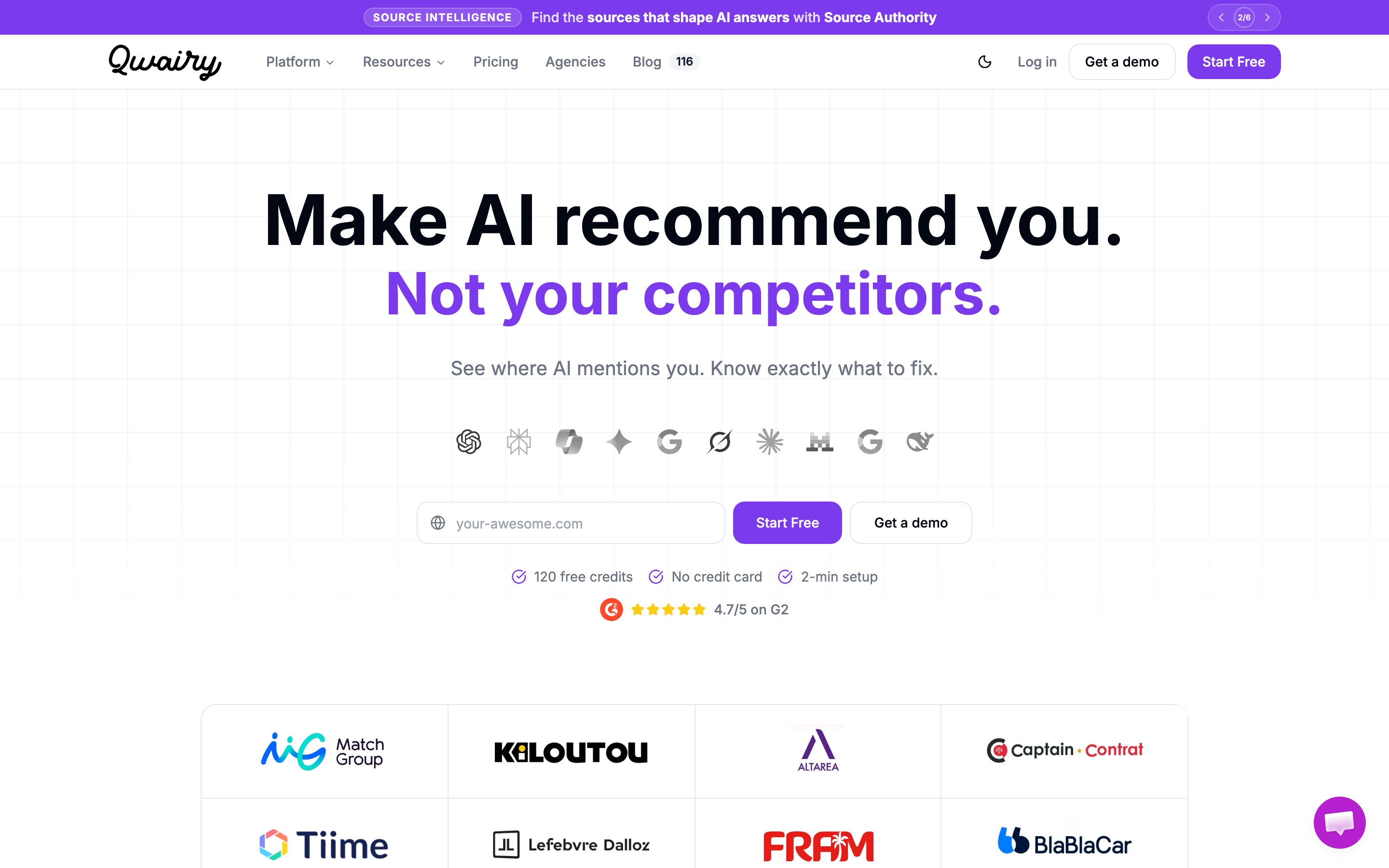 Qwairy landing page — first screen