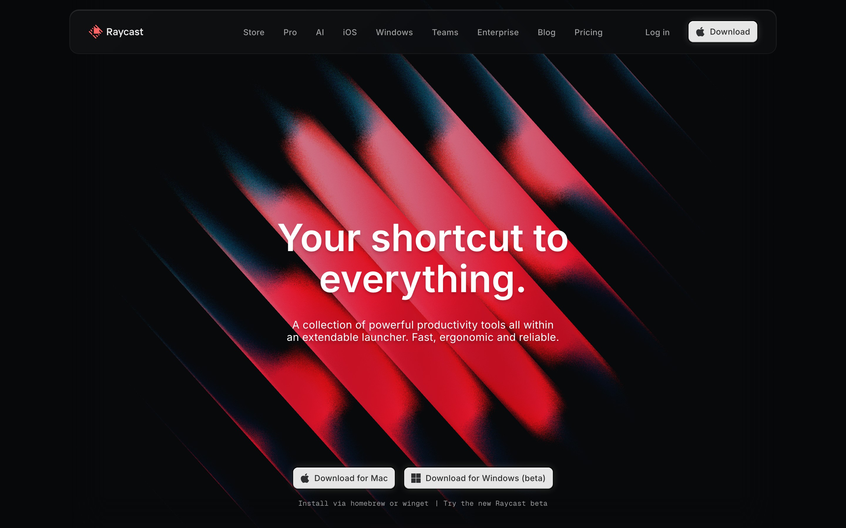 Raycast landing page — first screen