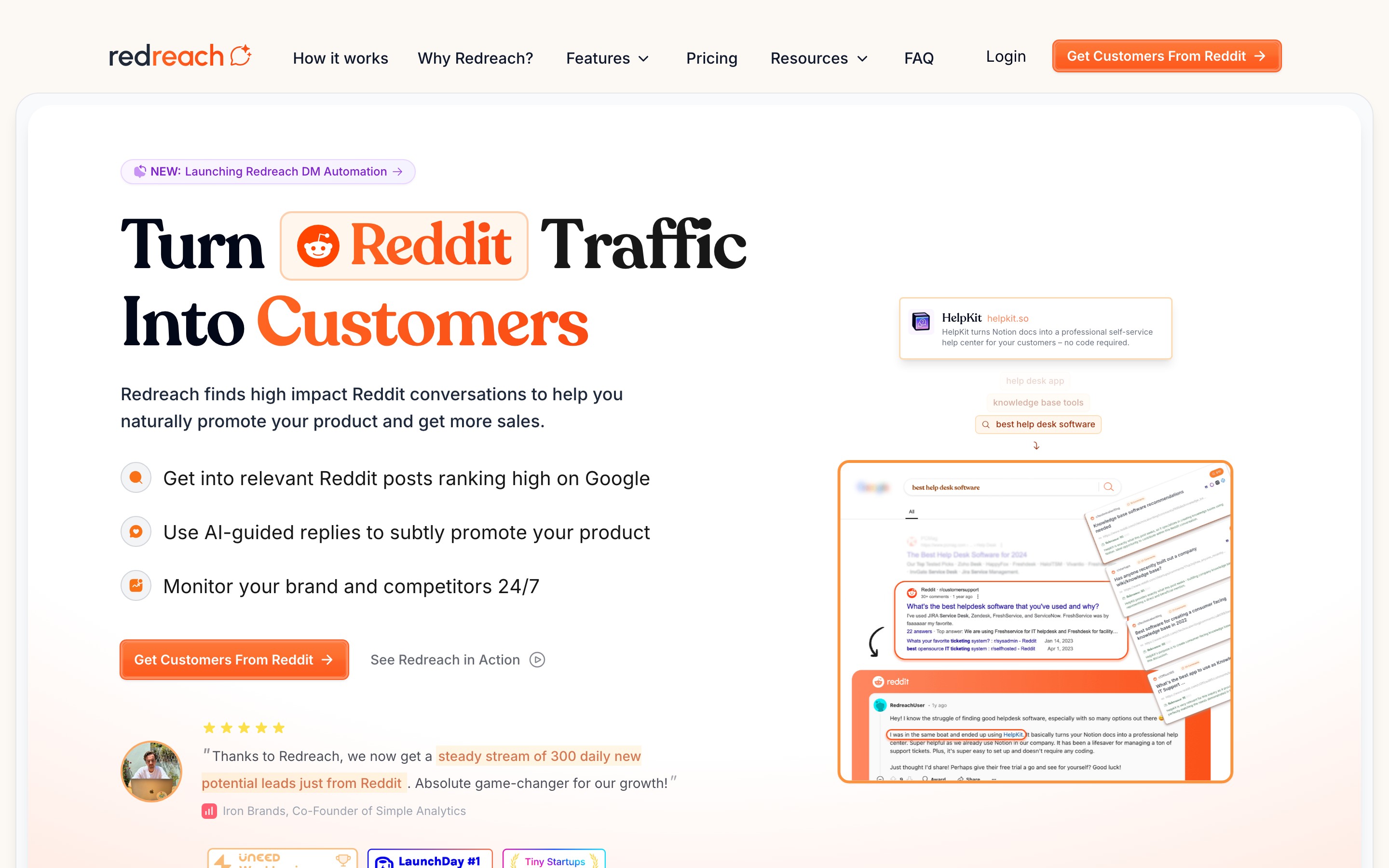 Redreach landing page — first screen