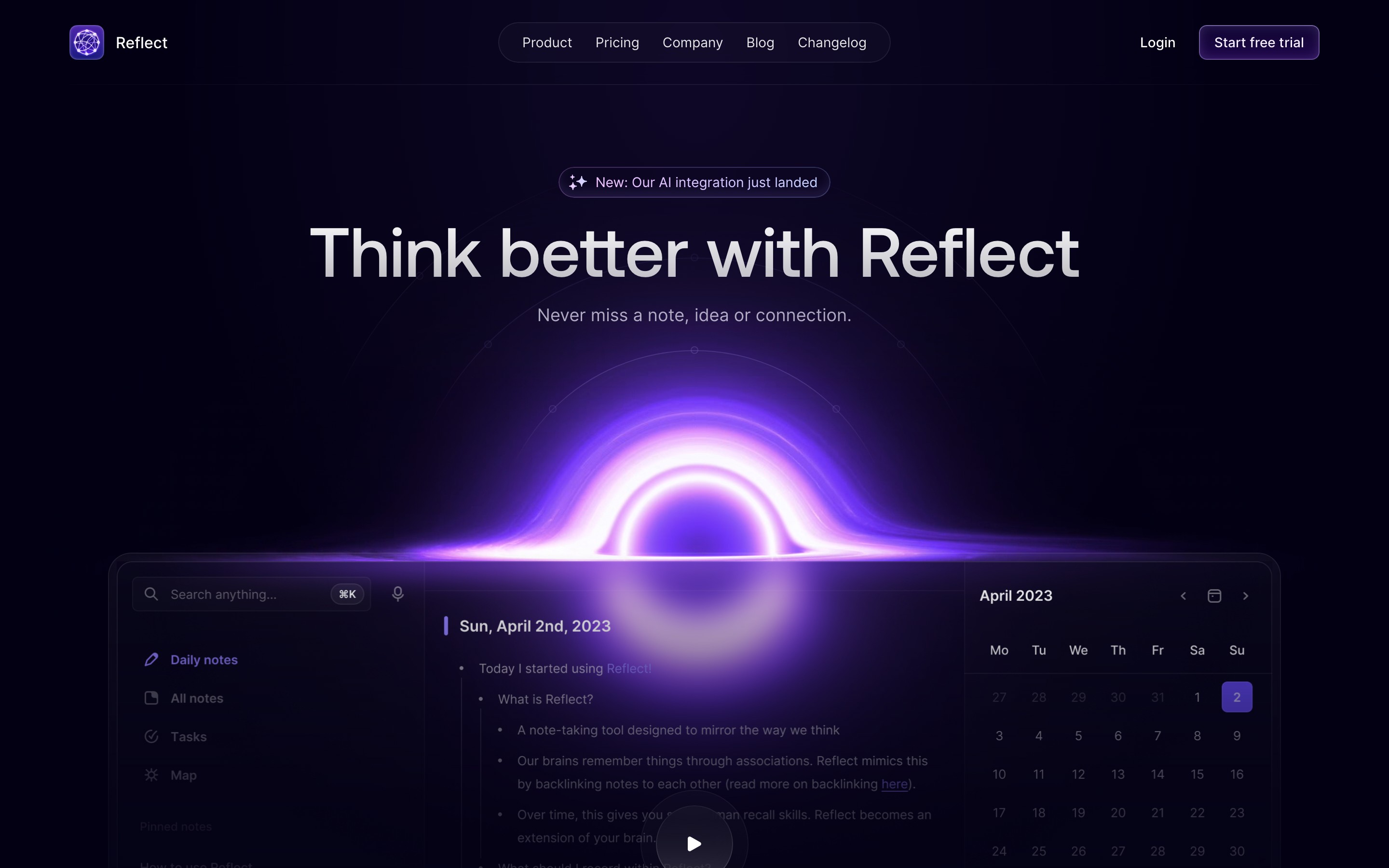 Reflect landing page — first screen