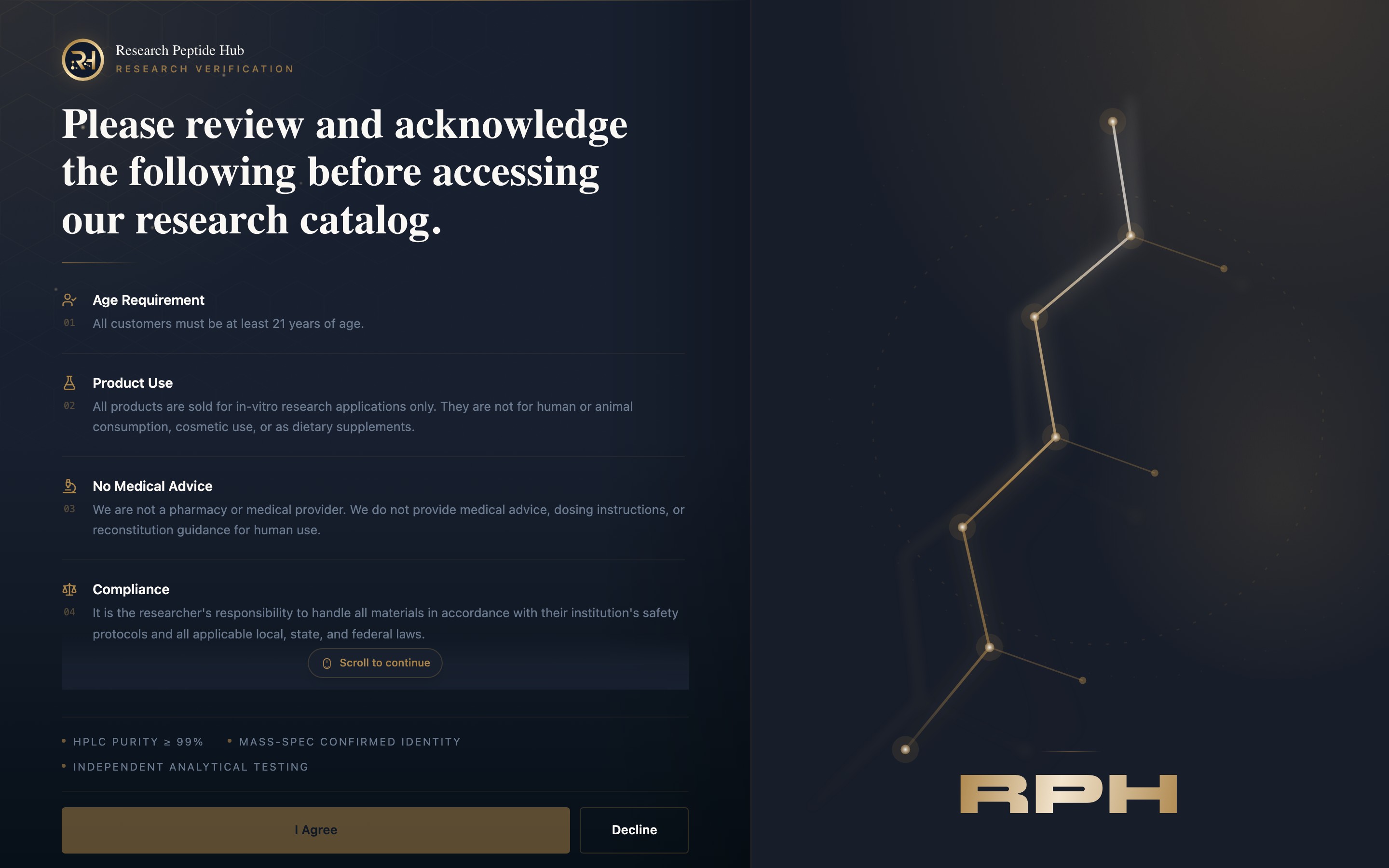 Research Peptide Hub landing page — first screen