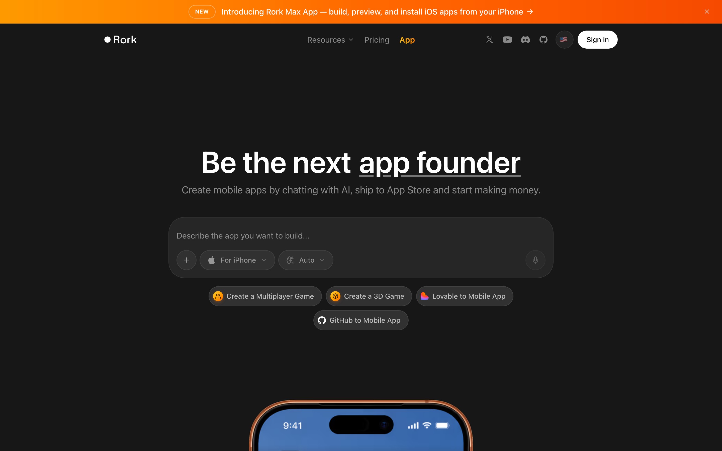 Rork landing page — first screen