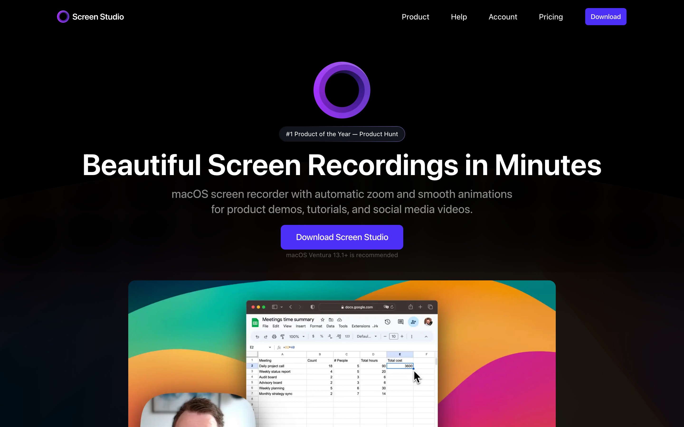 Screen Studio landing page — first screen