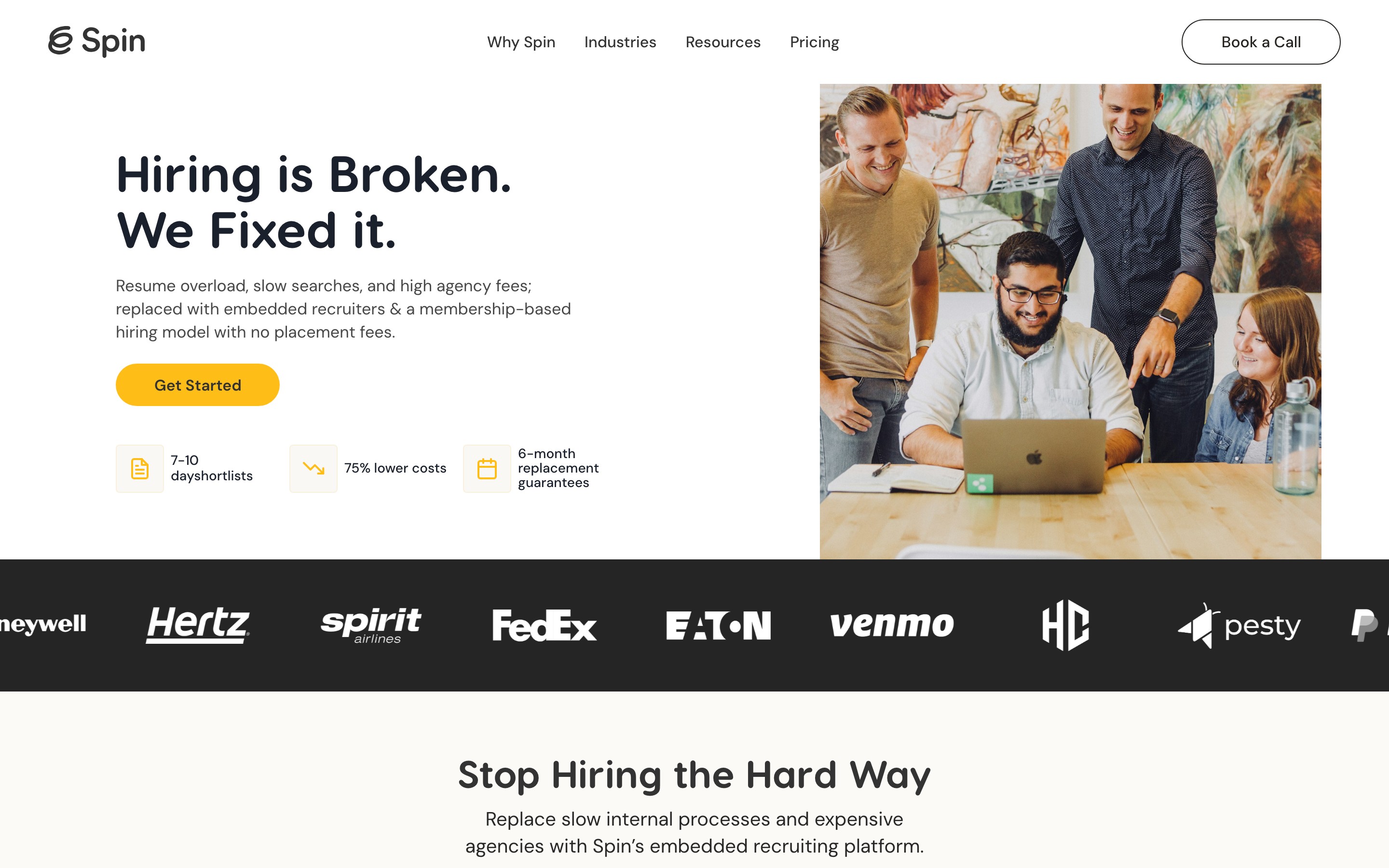 Spin Hire landing page — first screen