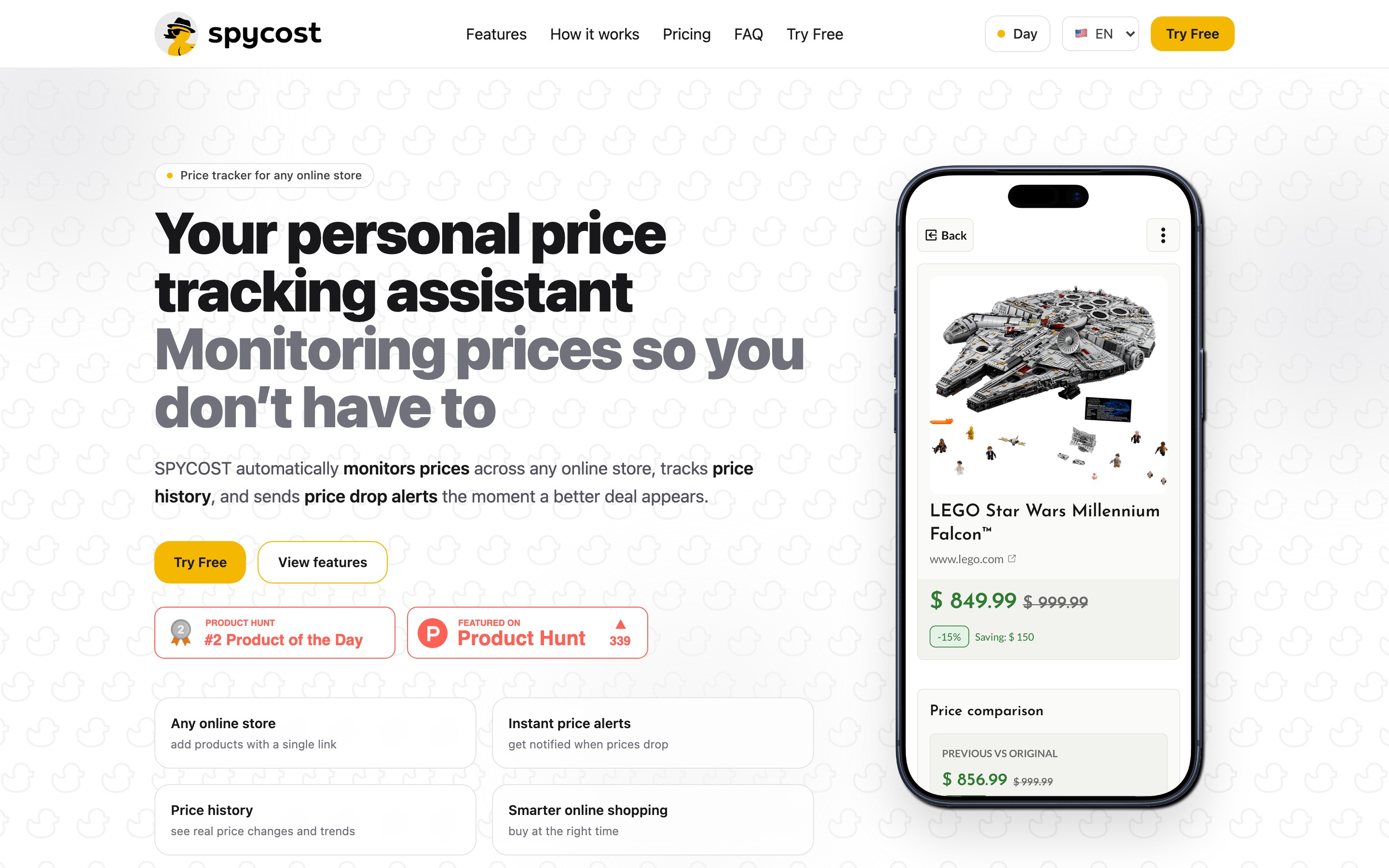 SpyCost landing page — first screen