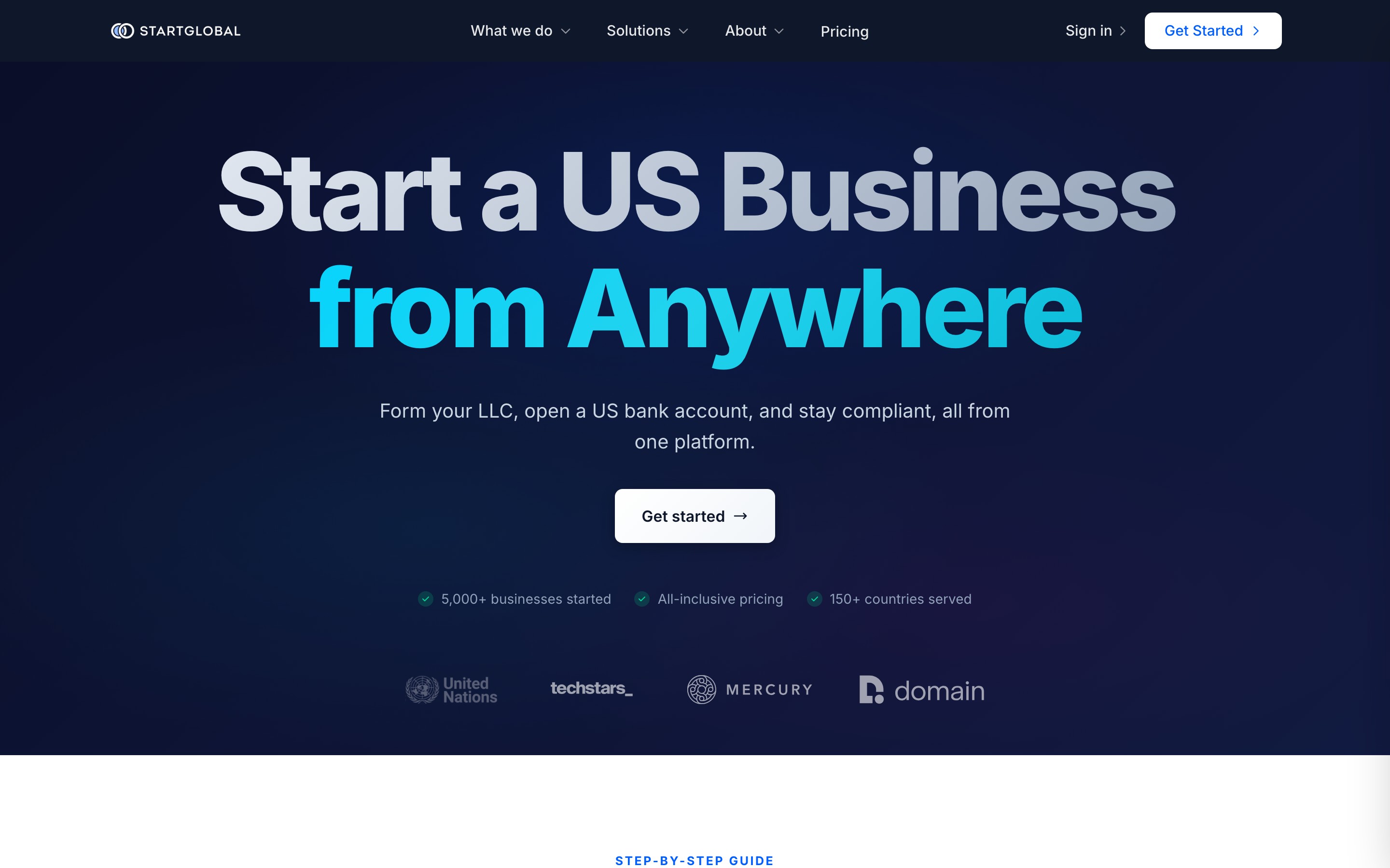 StartGlobal landing page — first screen