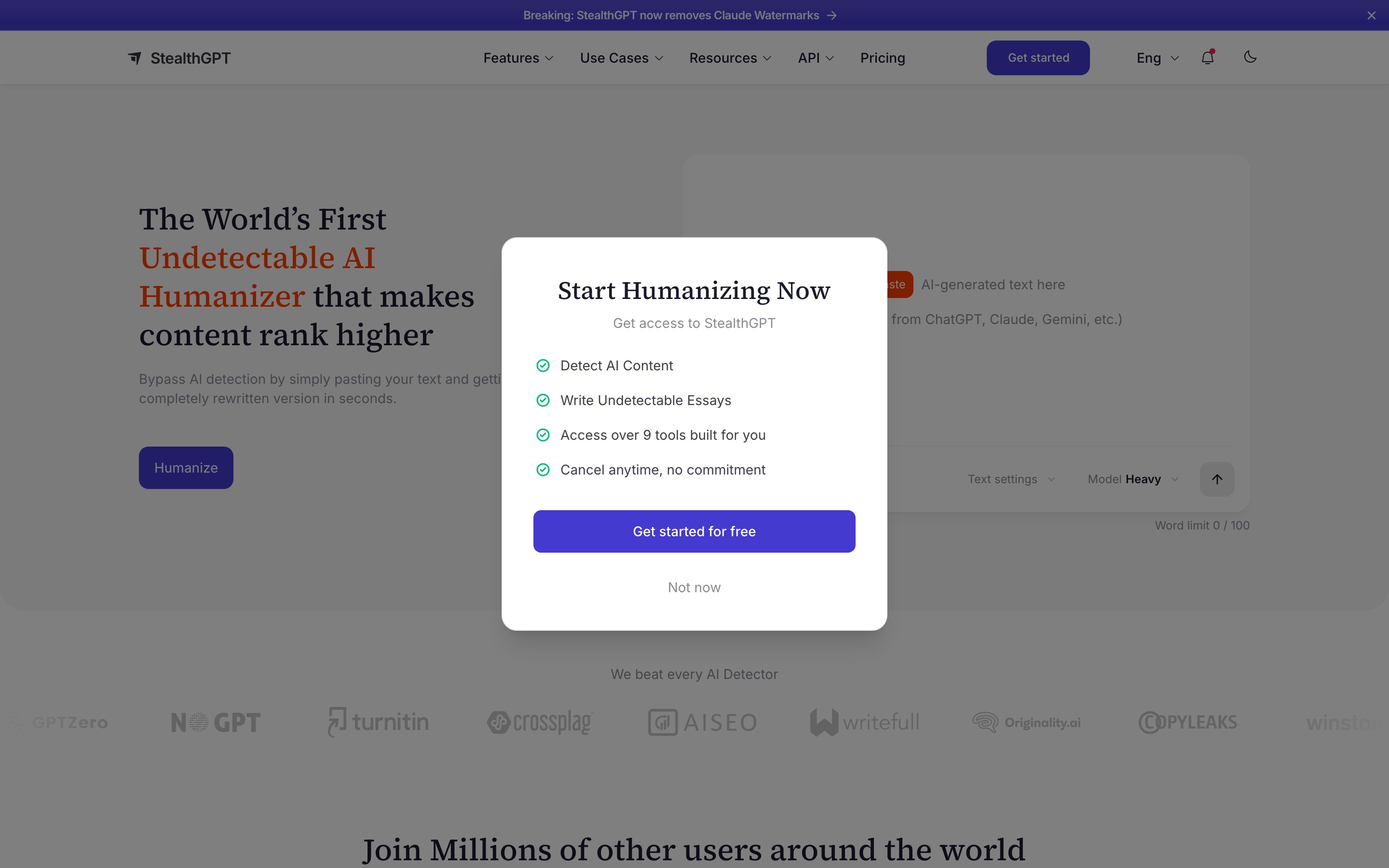 AI Humanizer & Undetectable AI Writer landing page — first screen