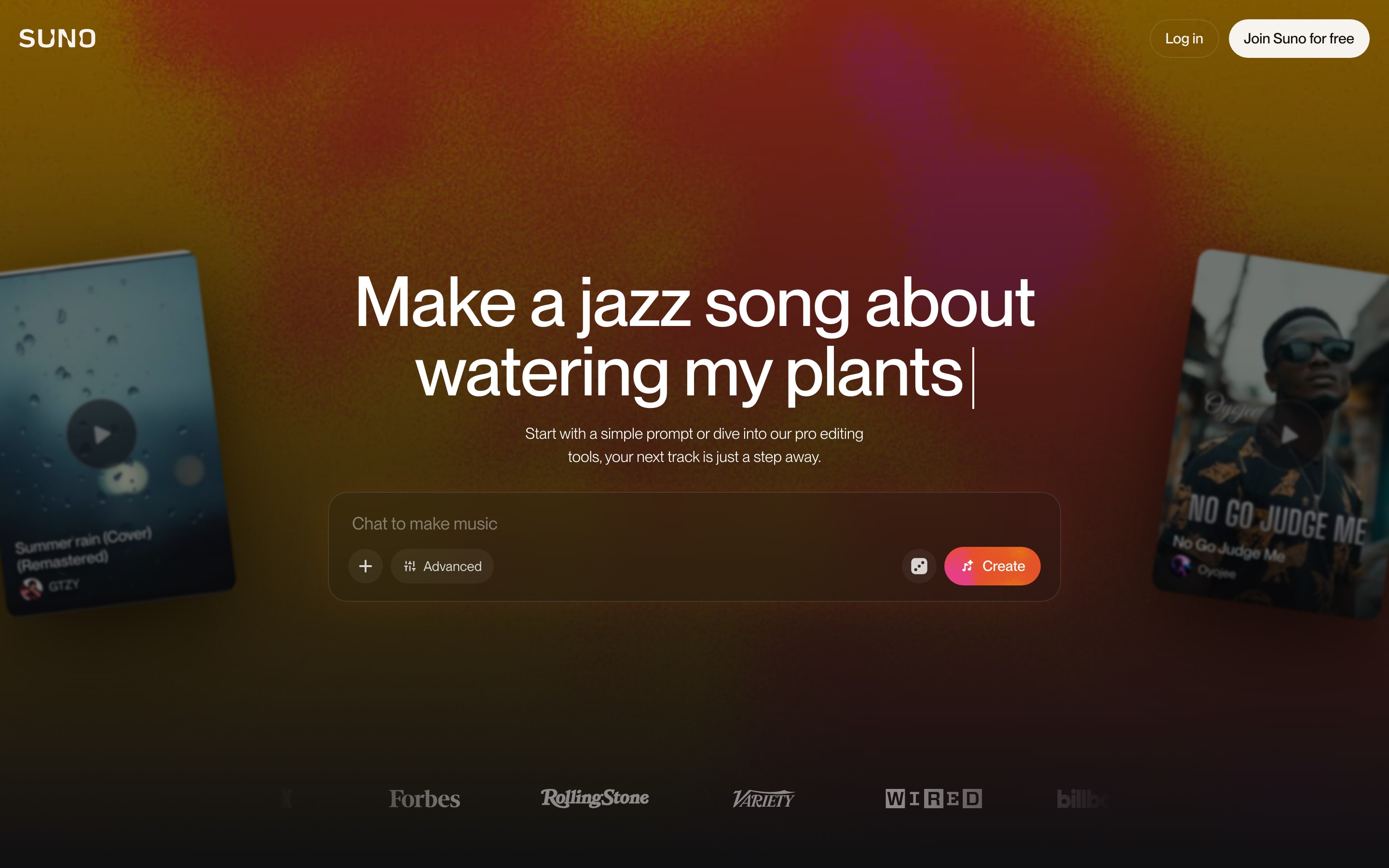 Suno landing page — first screen