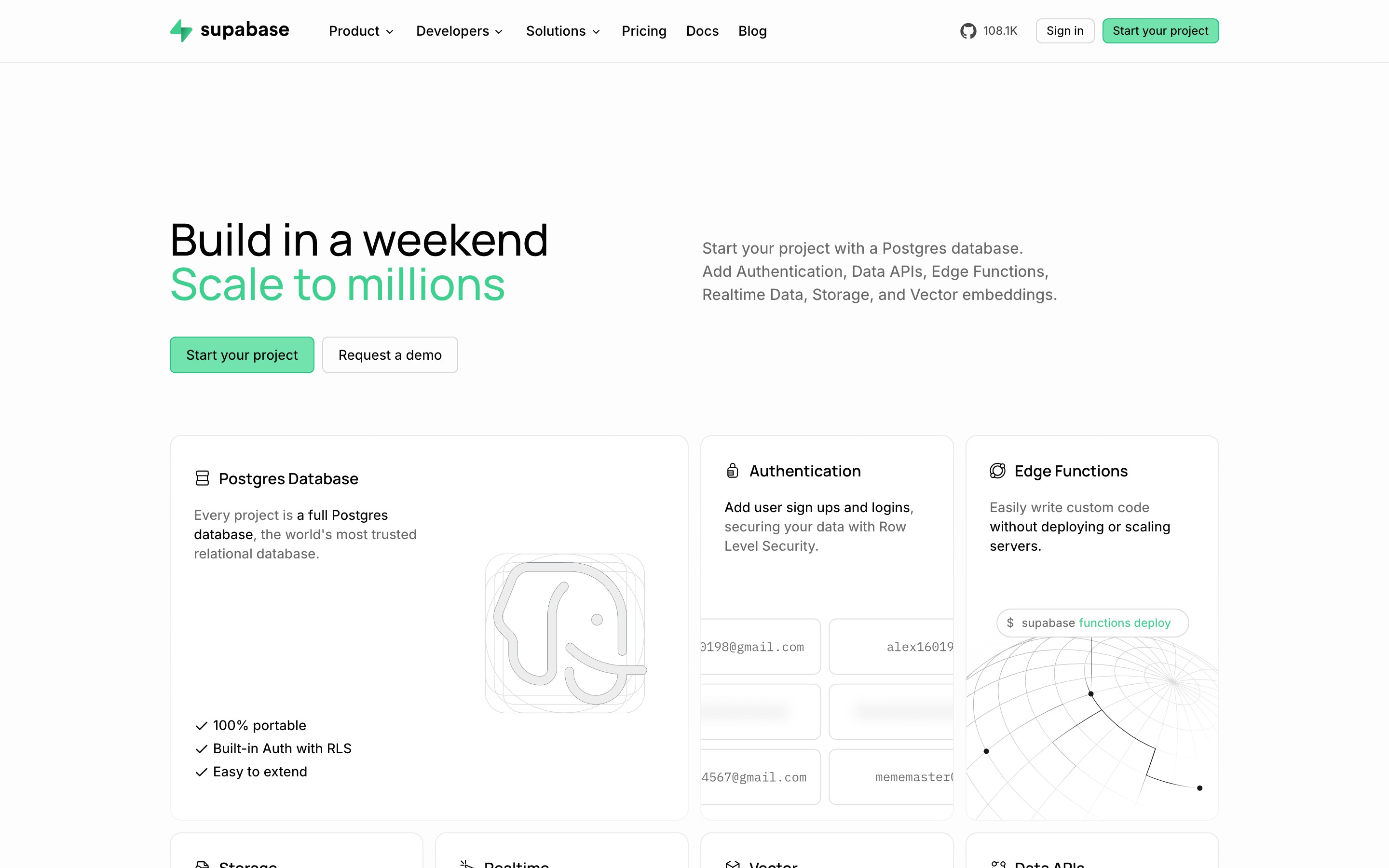 Supabase landing page — first screen