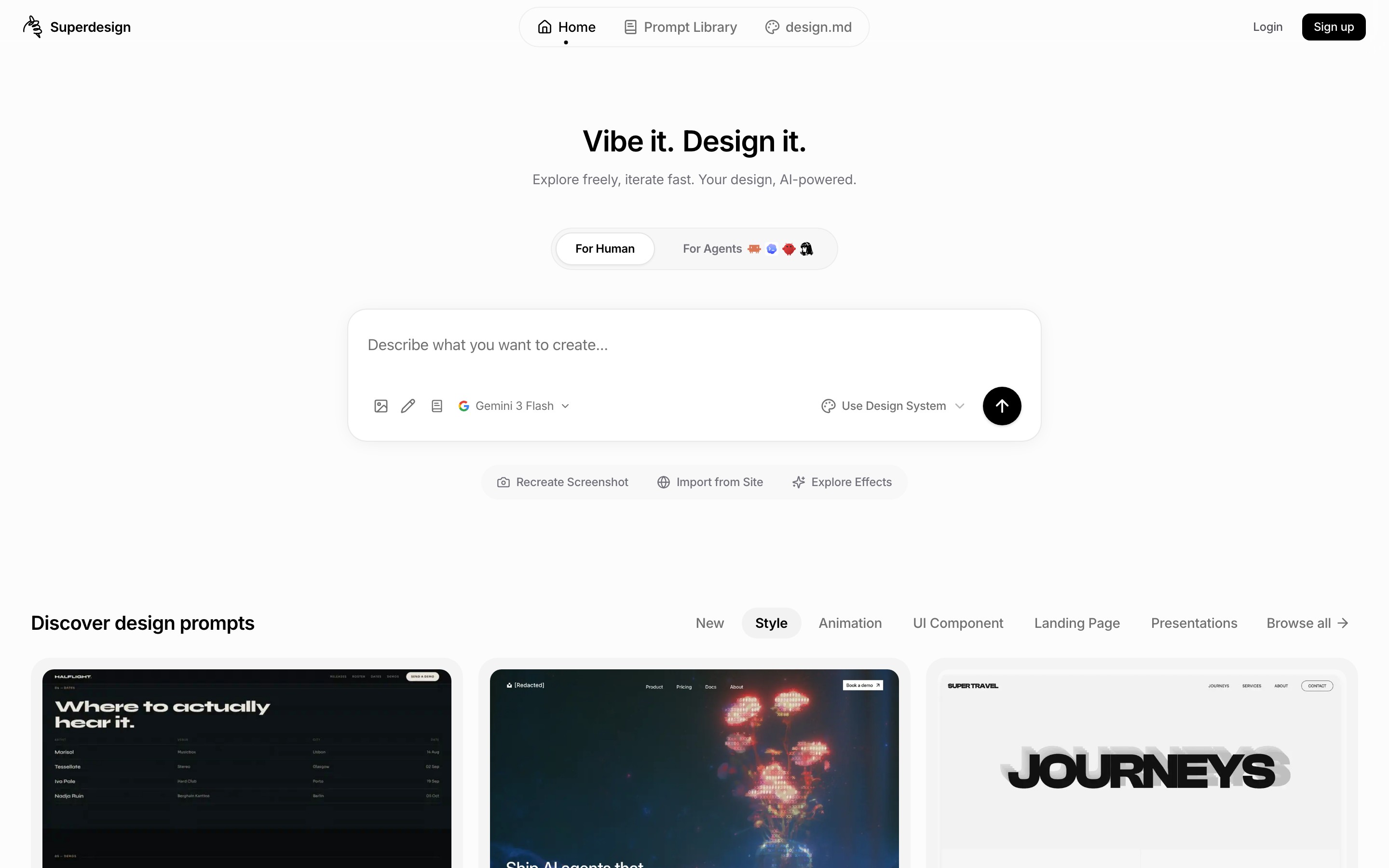 Superdesign landing page — first screen