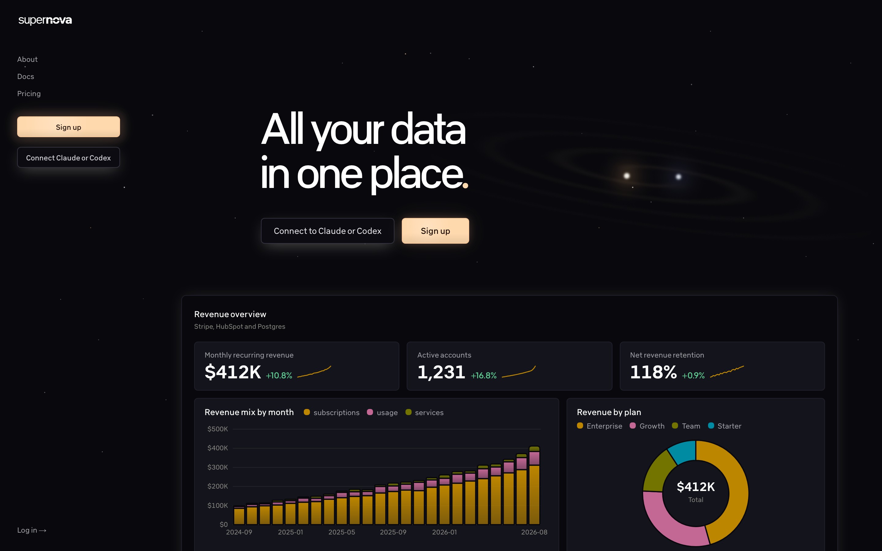 Supernova landing page — first screen