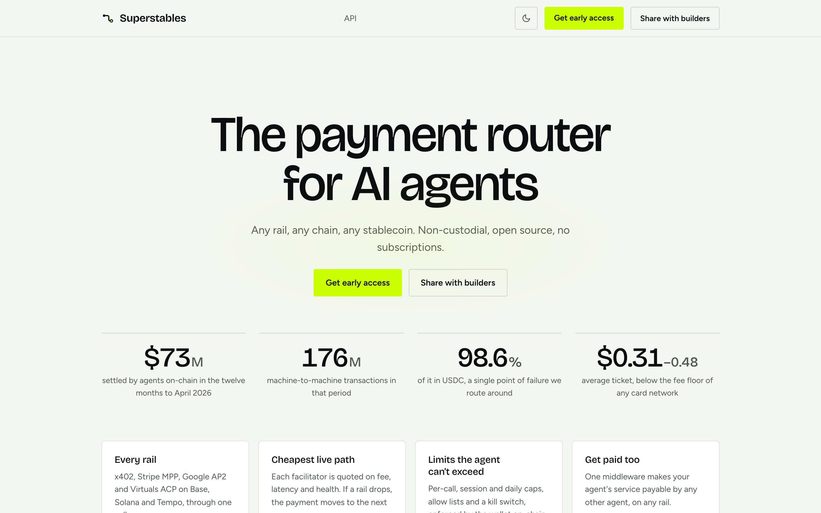 Superstables, the payment router for AI agents landing page — first screen