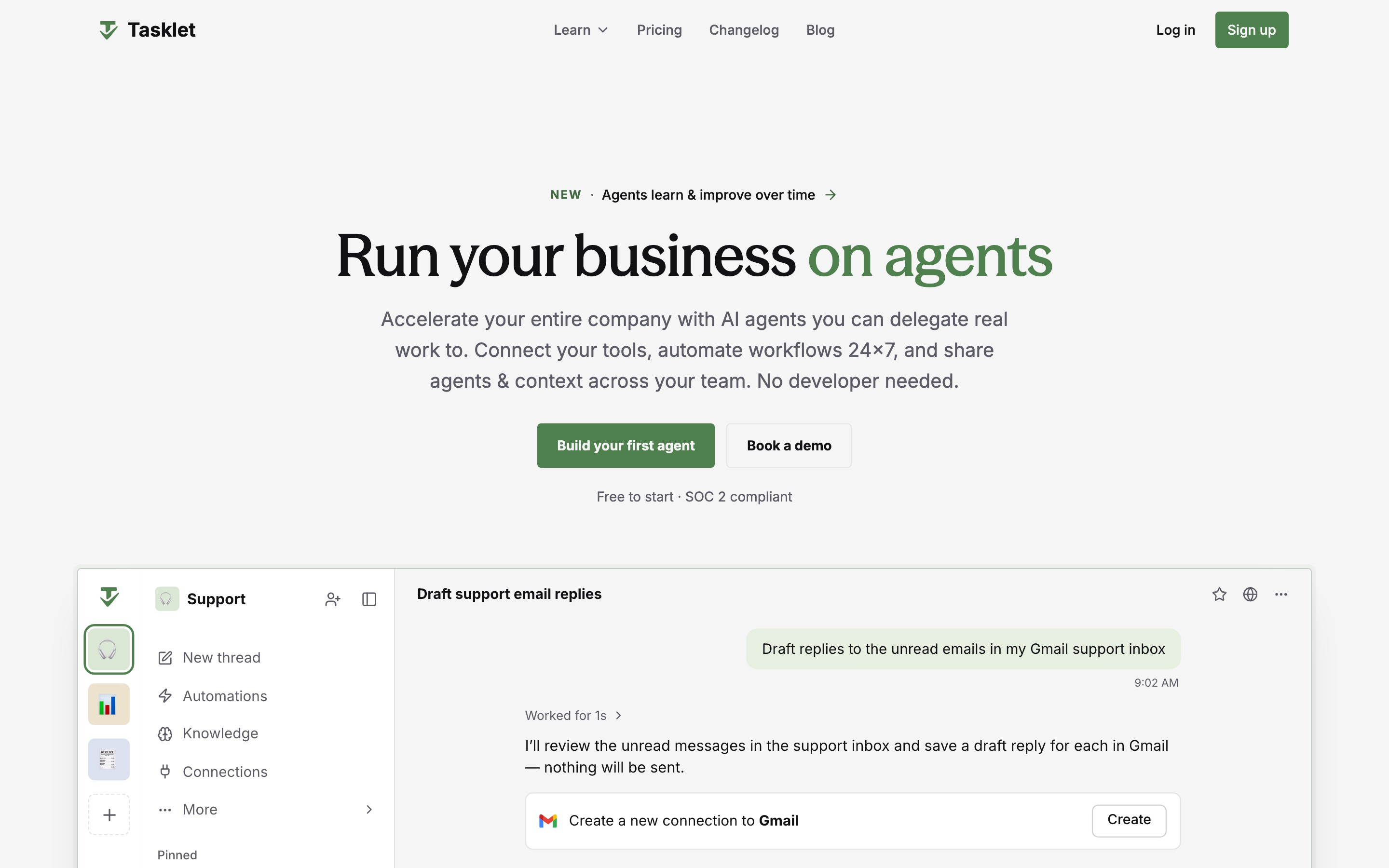 Tasklet landing page — first screen