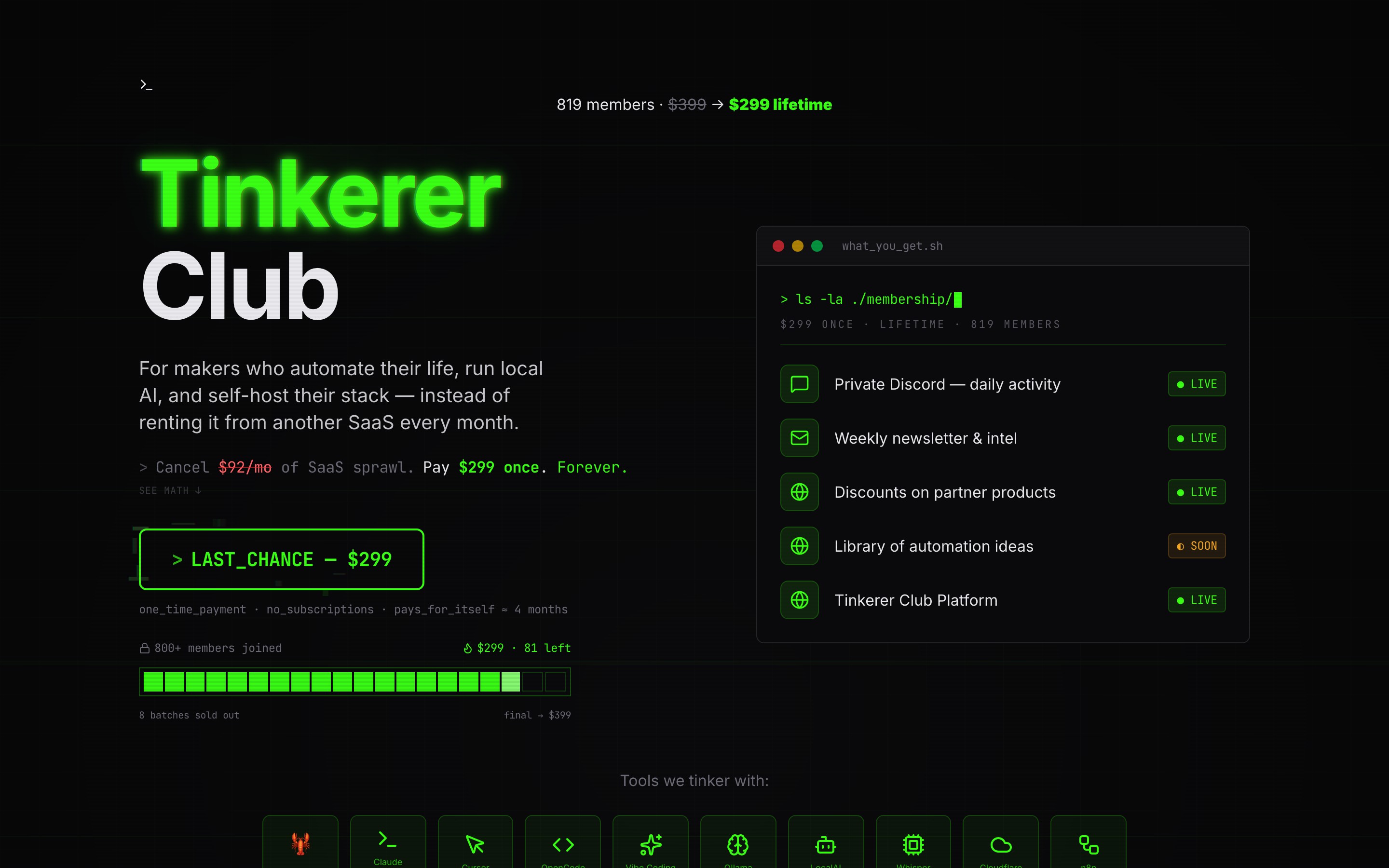 Tinkerer Club landing page — first screen