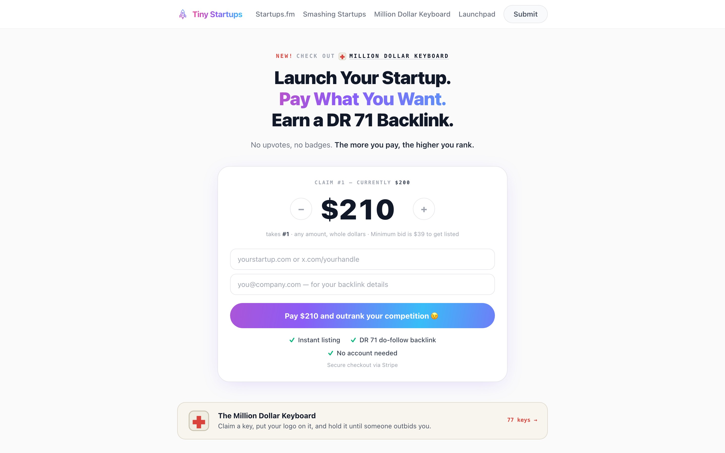 Tiny Startups landing page — first screen