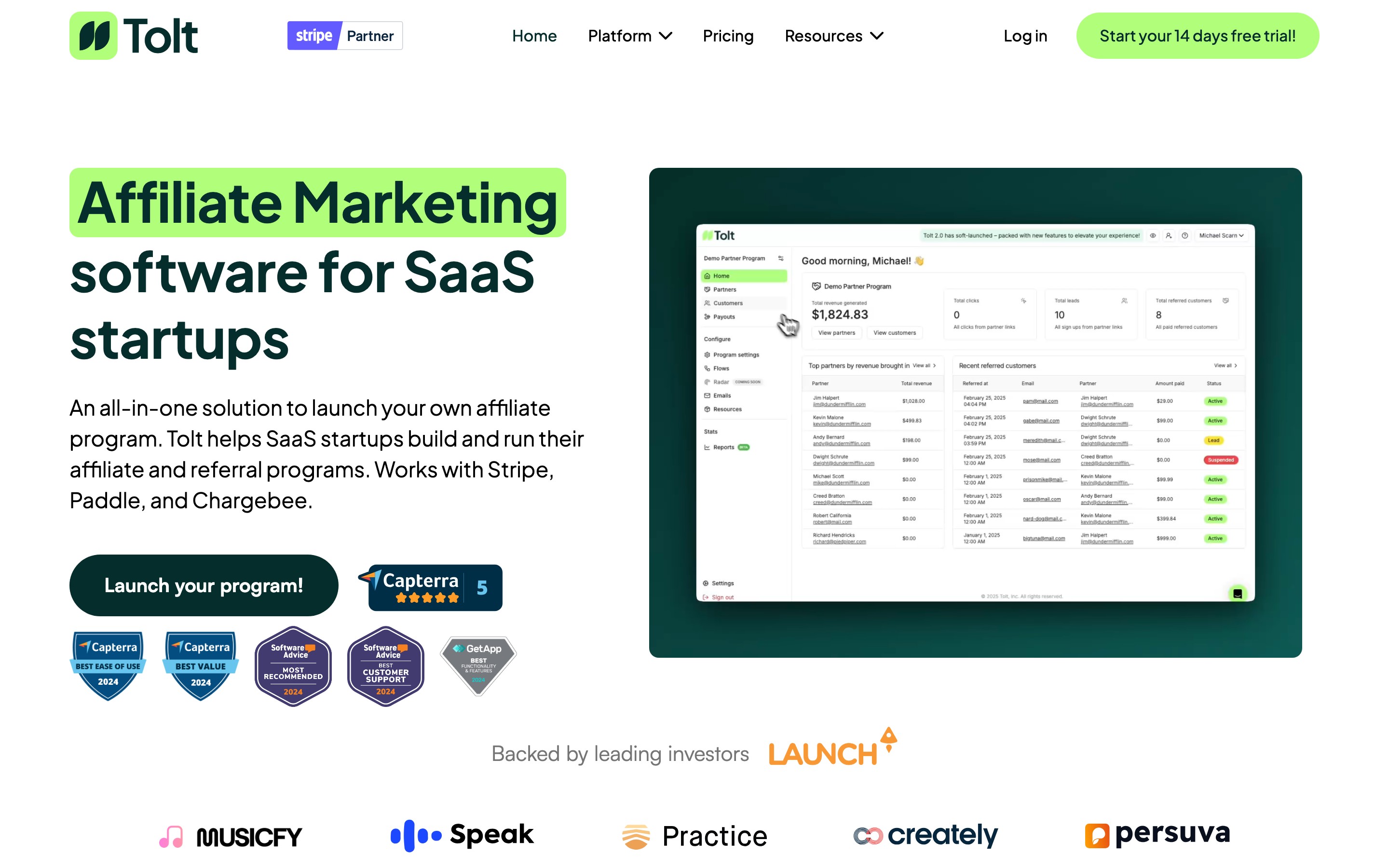 Tolt landing page — first screen