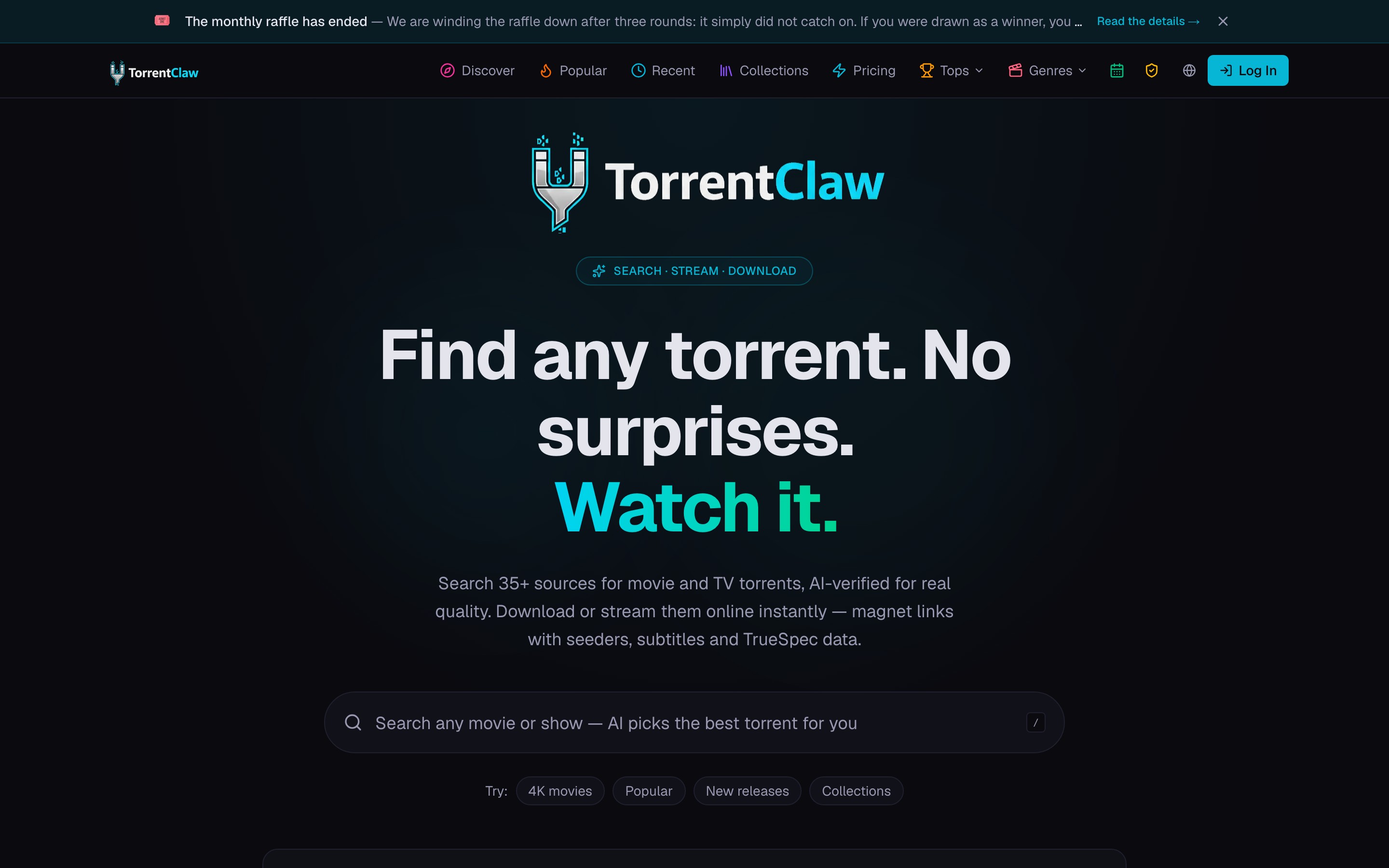 TorrentClaw landing page — first screen
