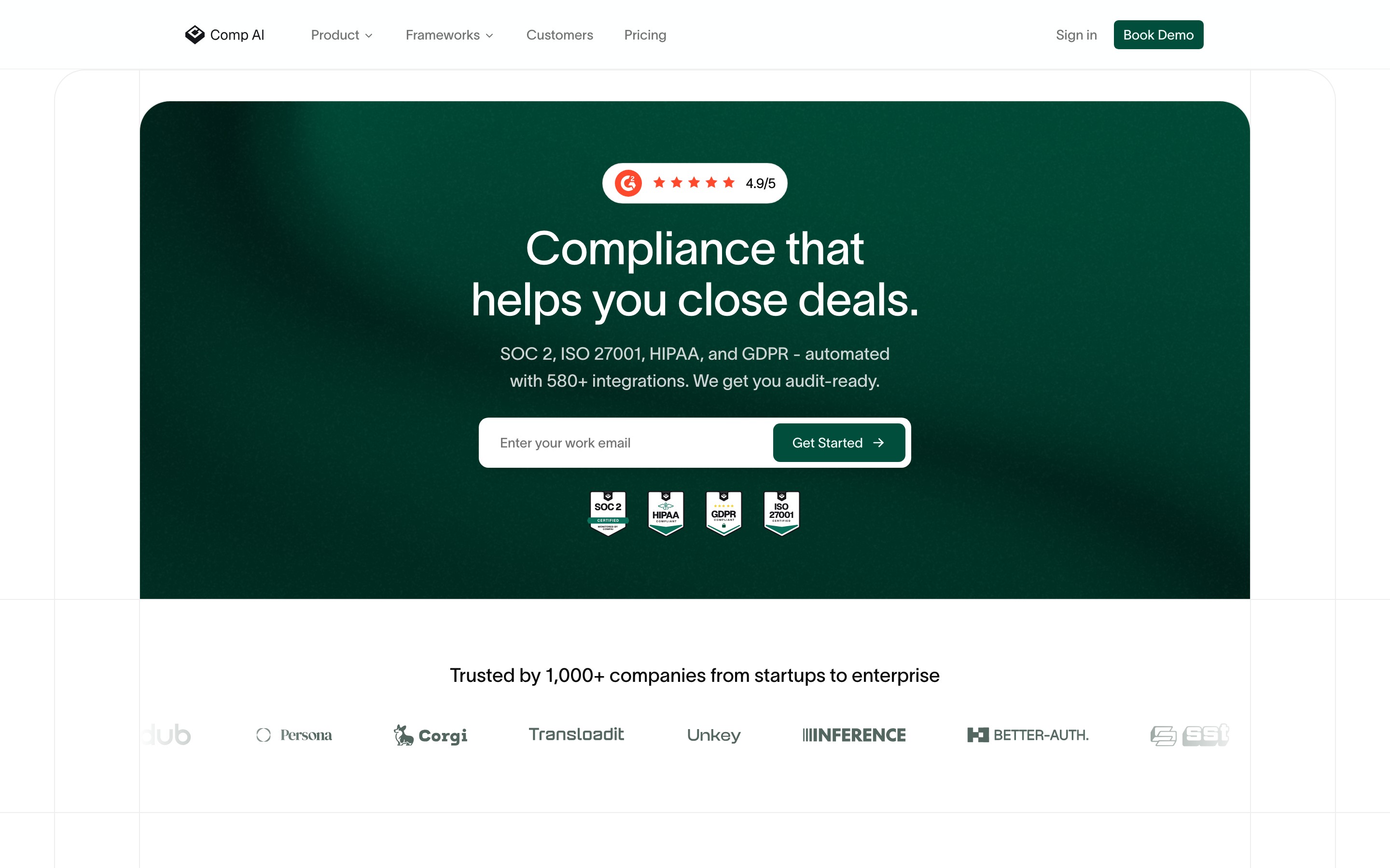 Comp AI: AI Compliance Software landing page — first screen