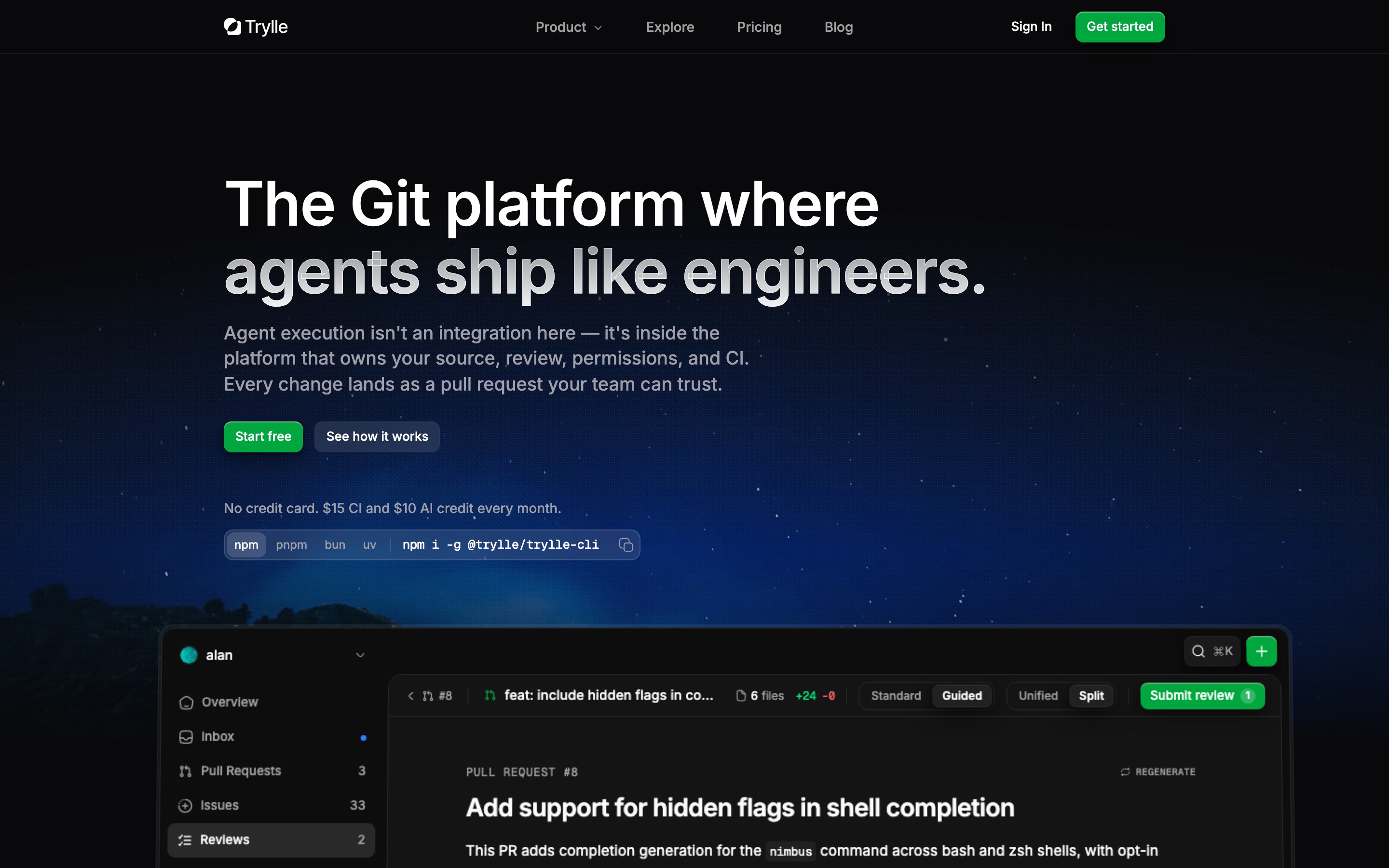 Trylle landing page — first screen