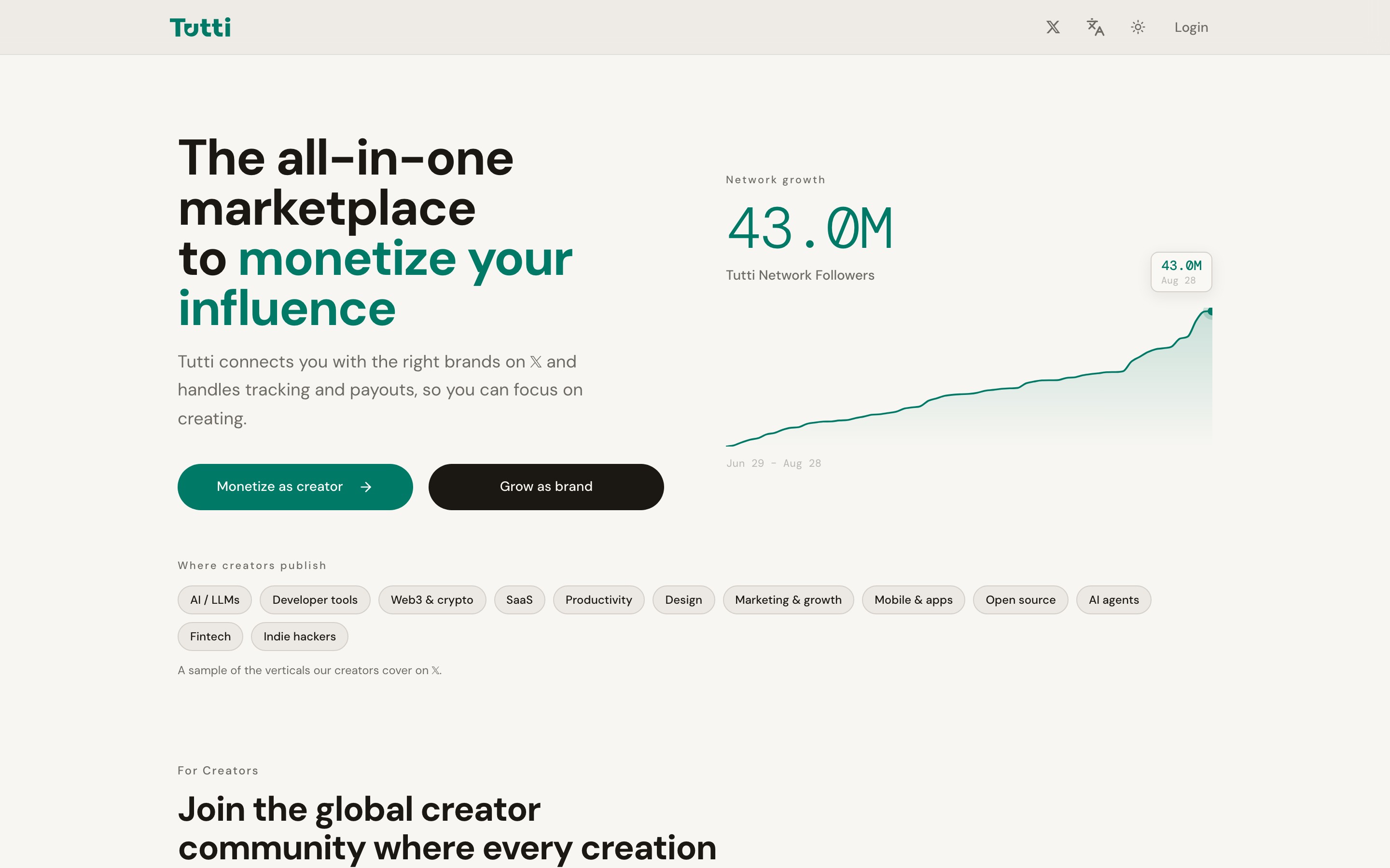 Tutti landing page — first screen