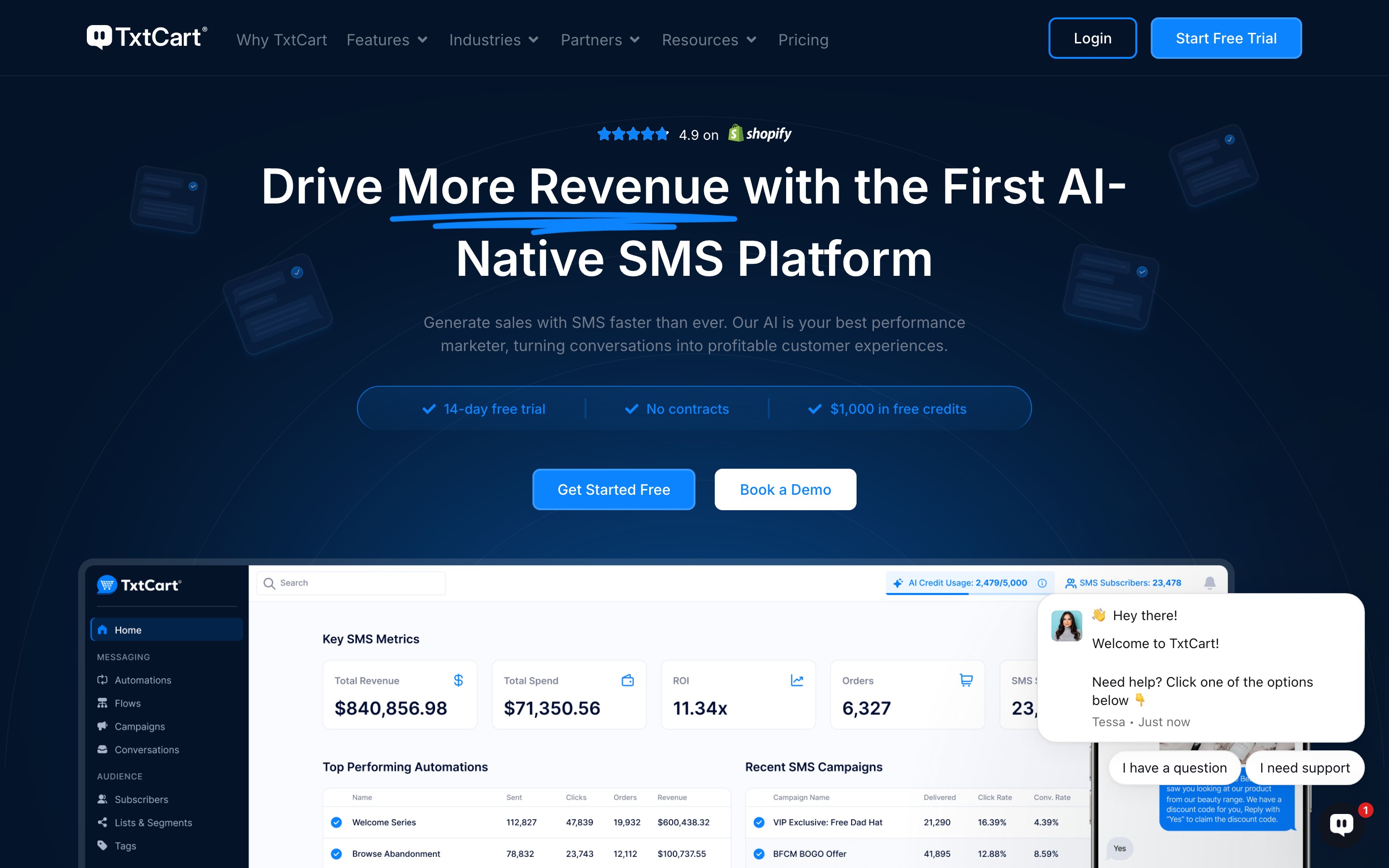 TxtCart® landing page — first screen