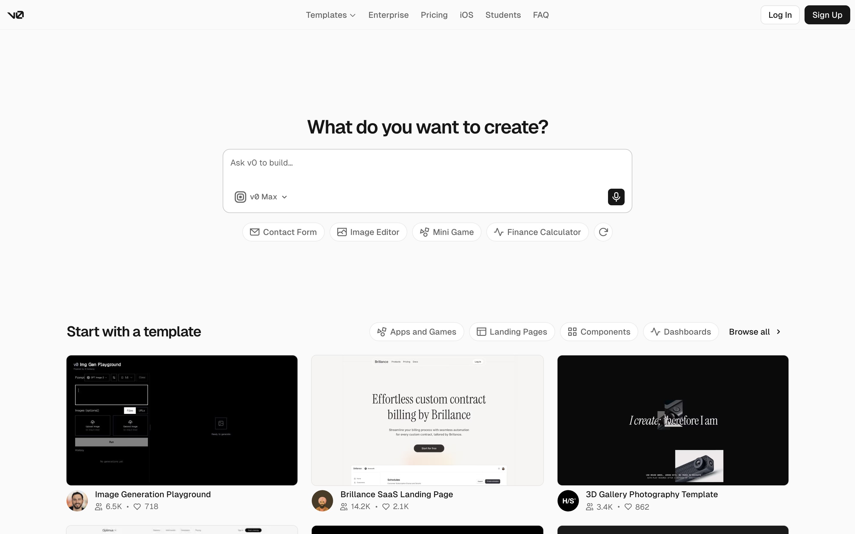 v0 landing page — first screen