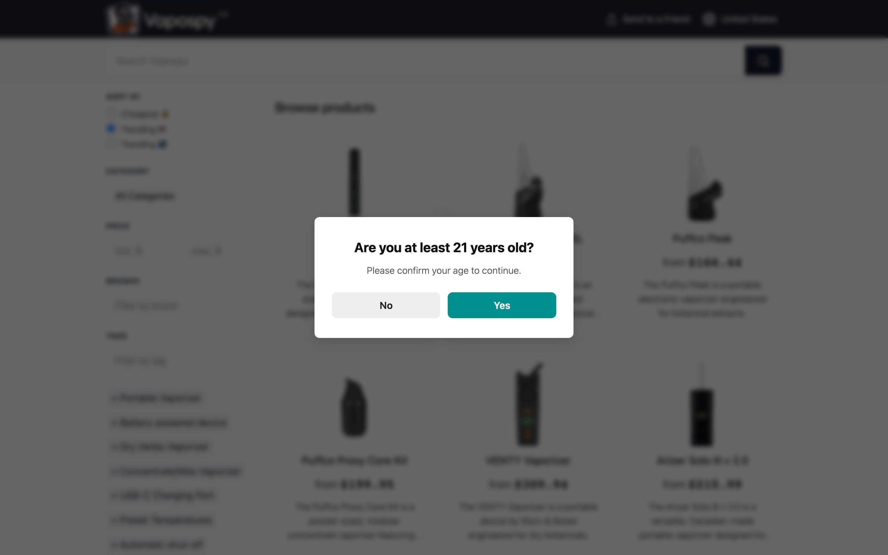 Vapospy landing page — first screen