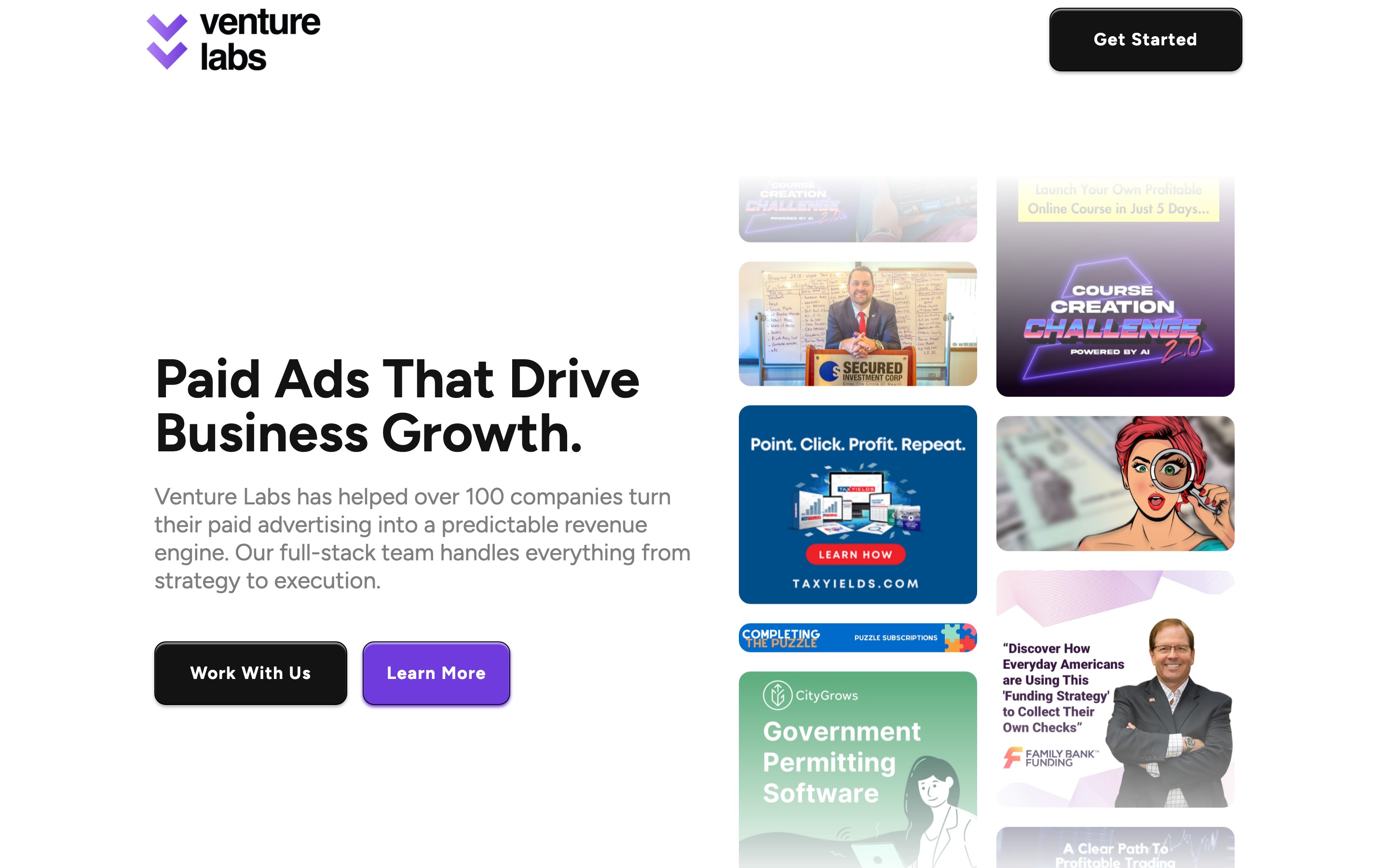 Venture Labs landing page — first screen