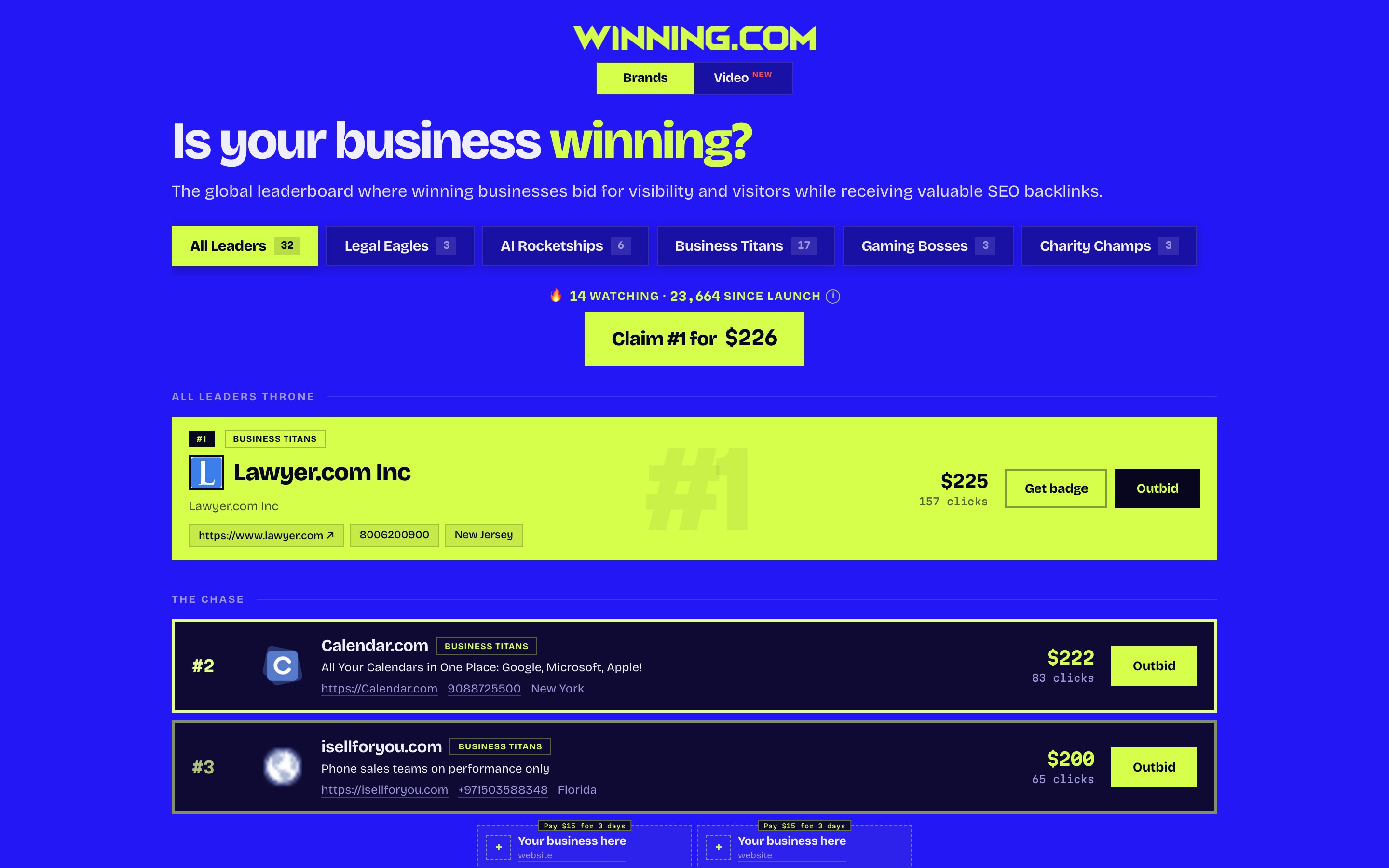 winning.com landing page — first screen