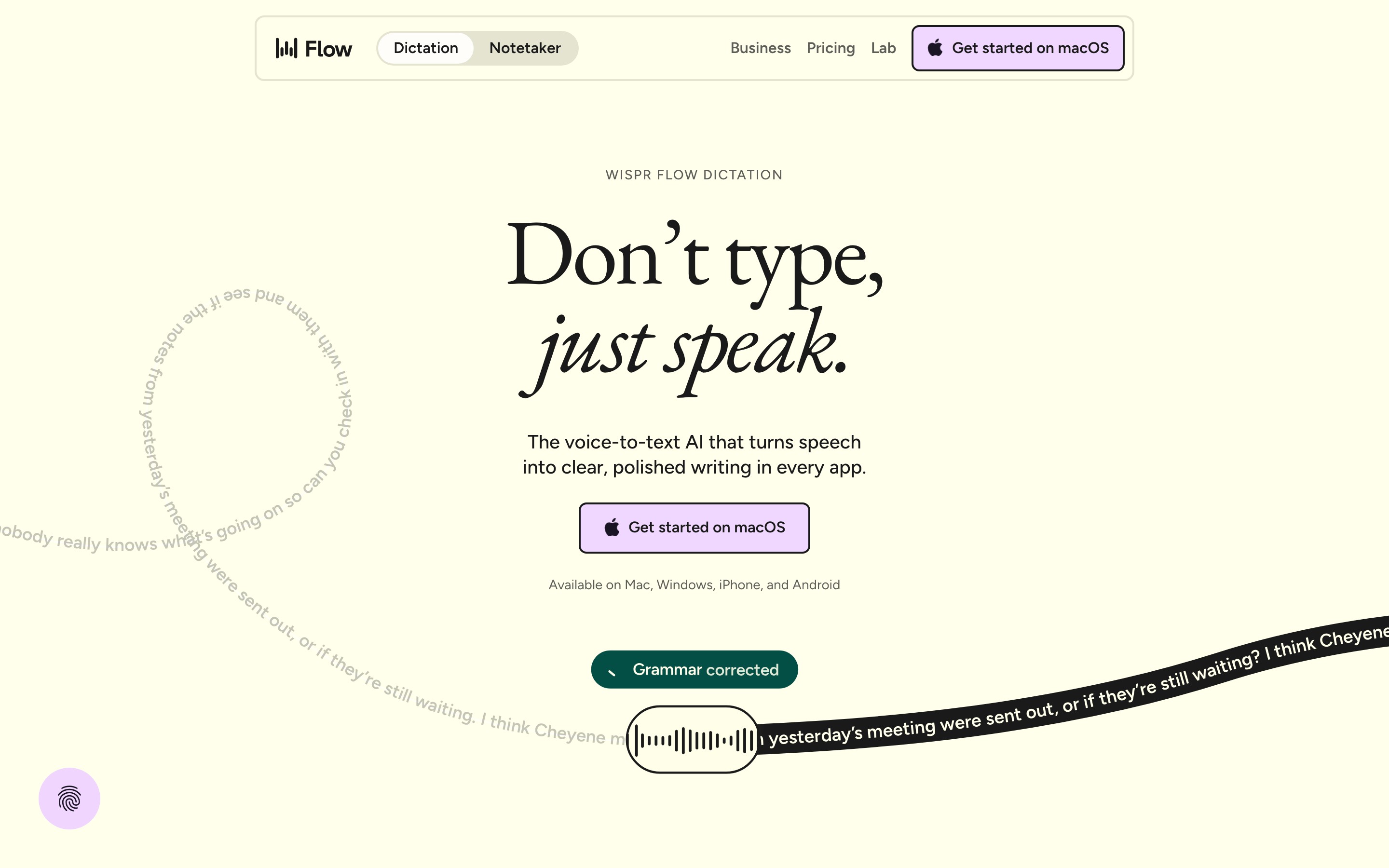 Wispr Flow landing page — first screen