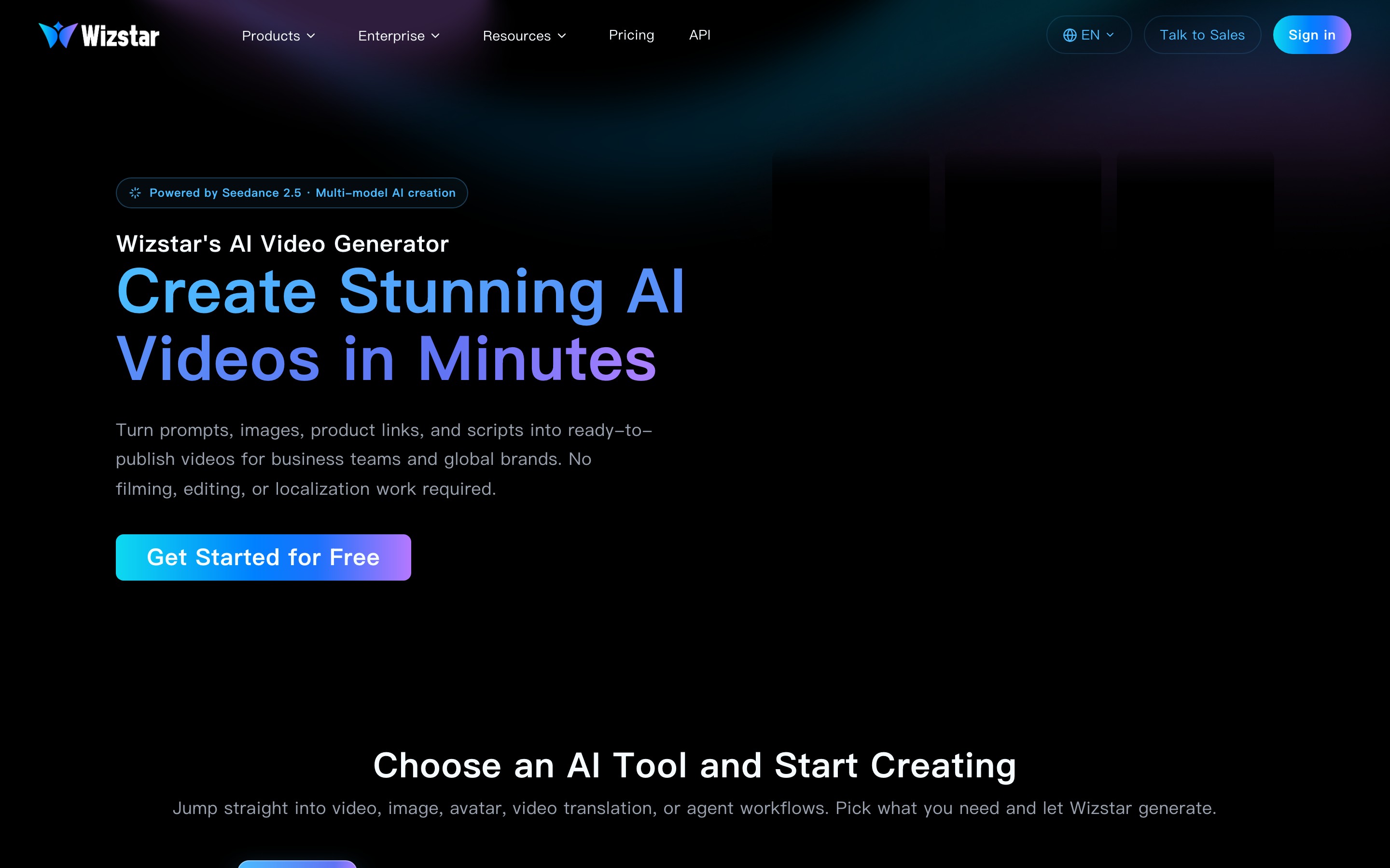 Wizstar landing page — first screen