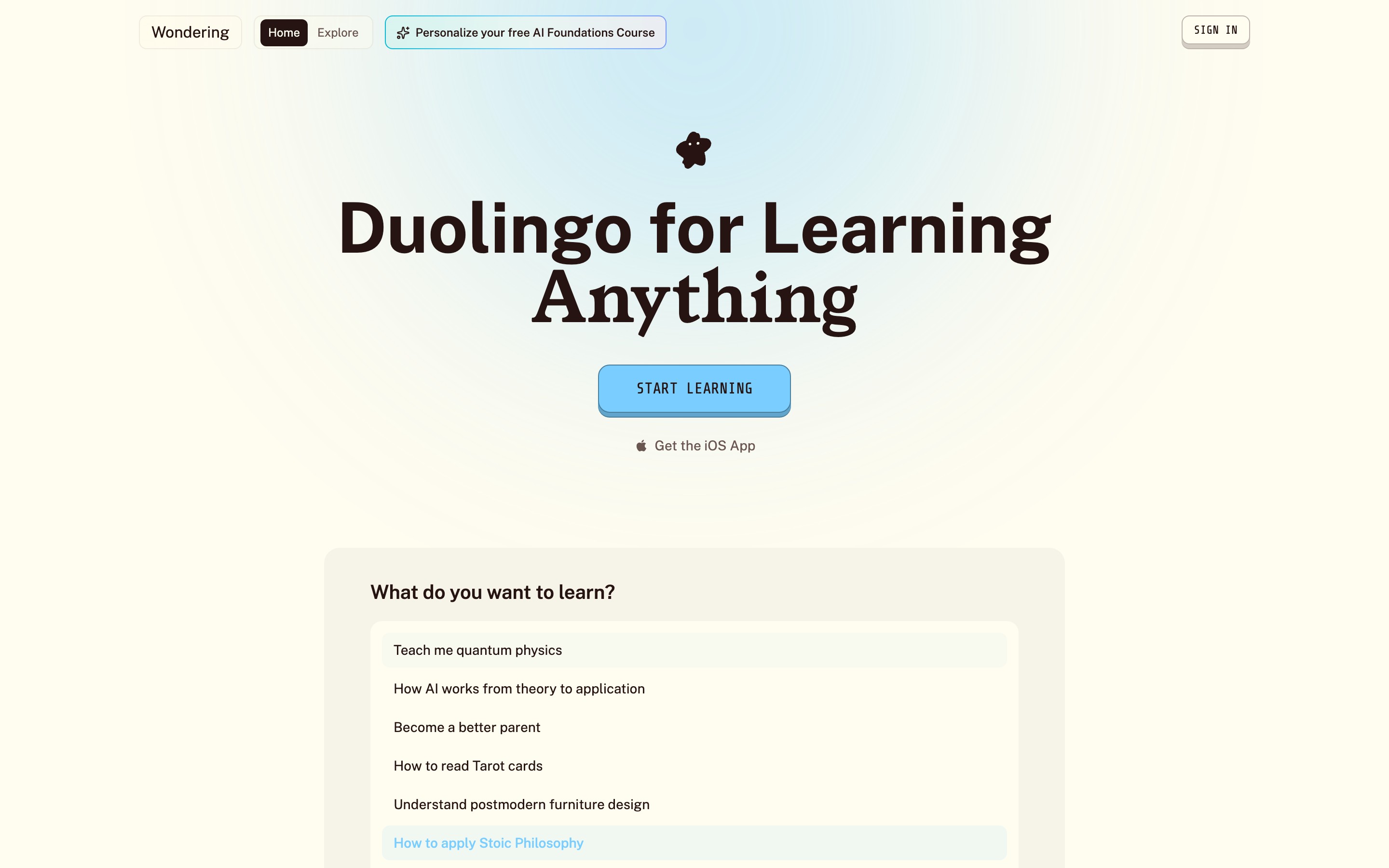 Wondering landing page — first screen