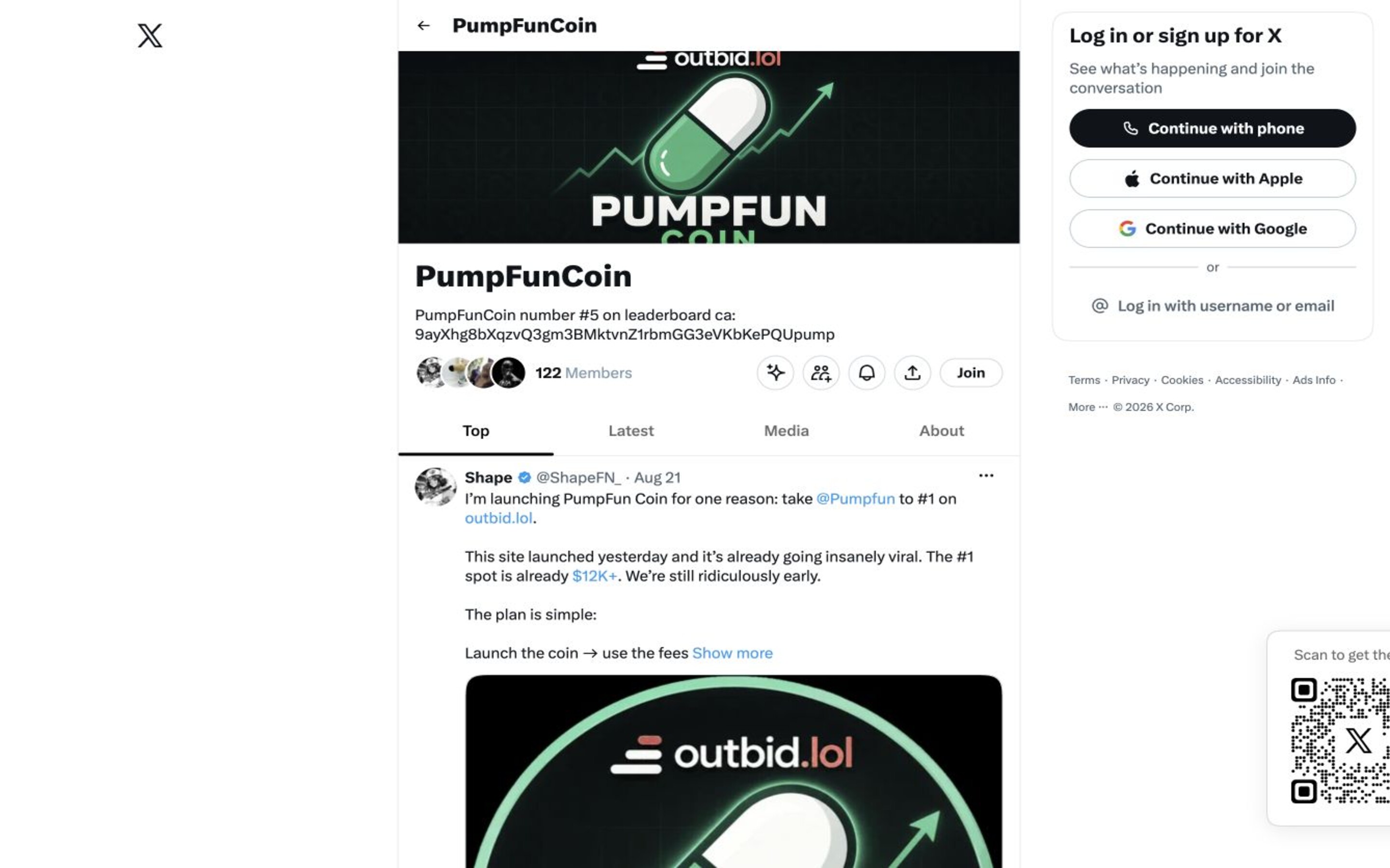 PumpFunCoin on X landing page — first screen