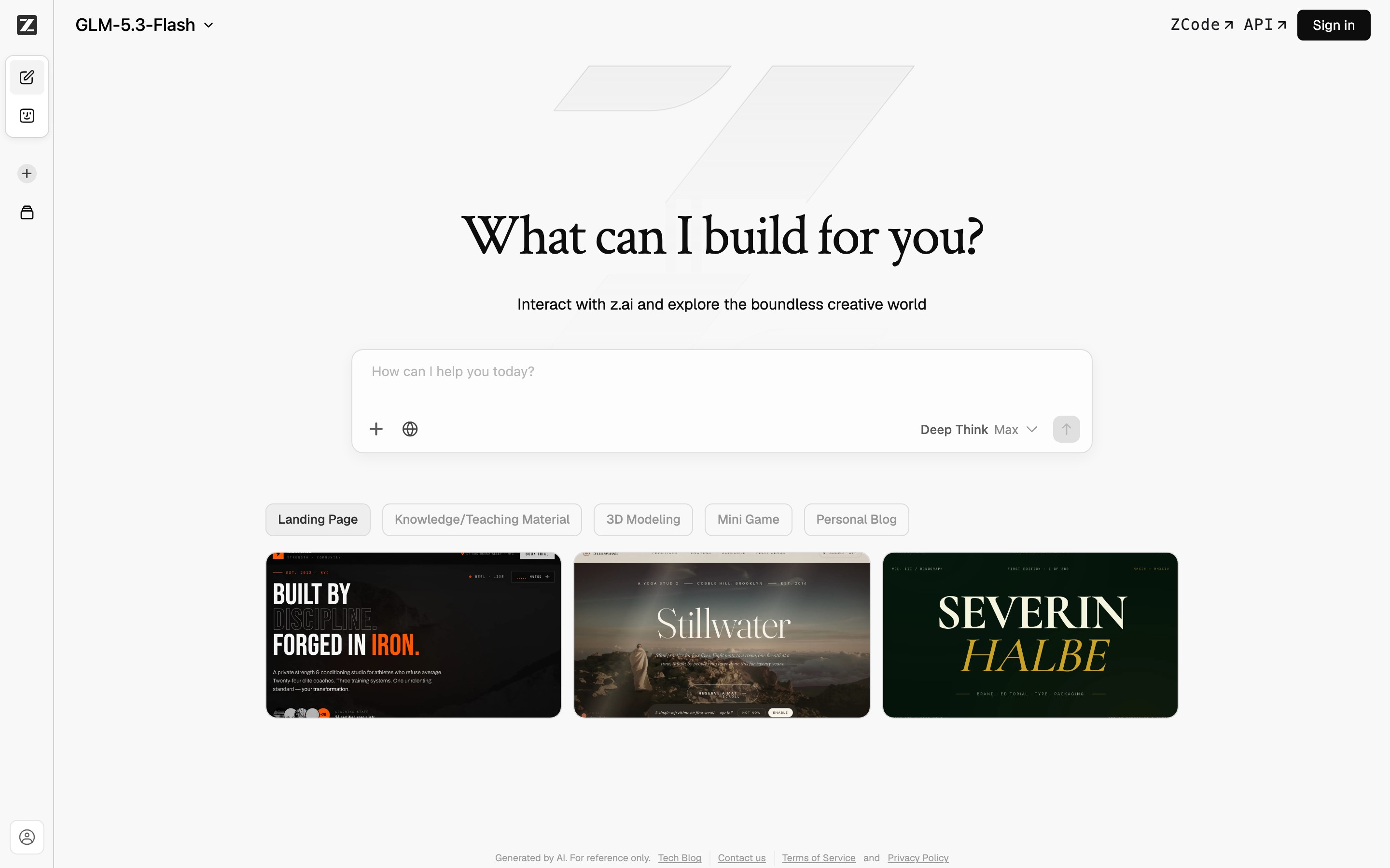 Z.ai landing page — first screen