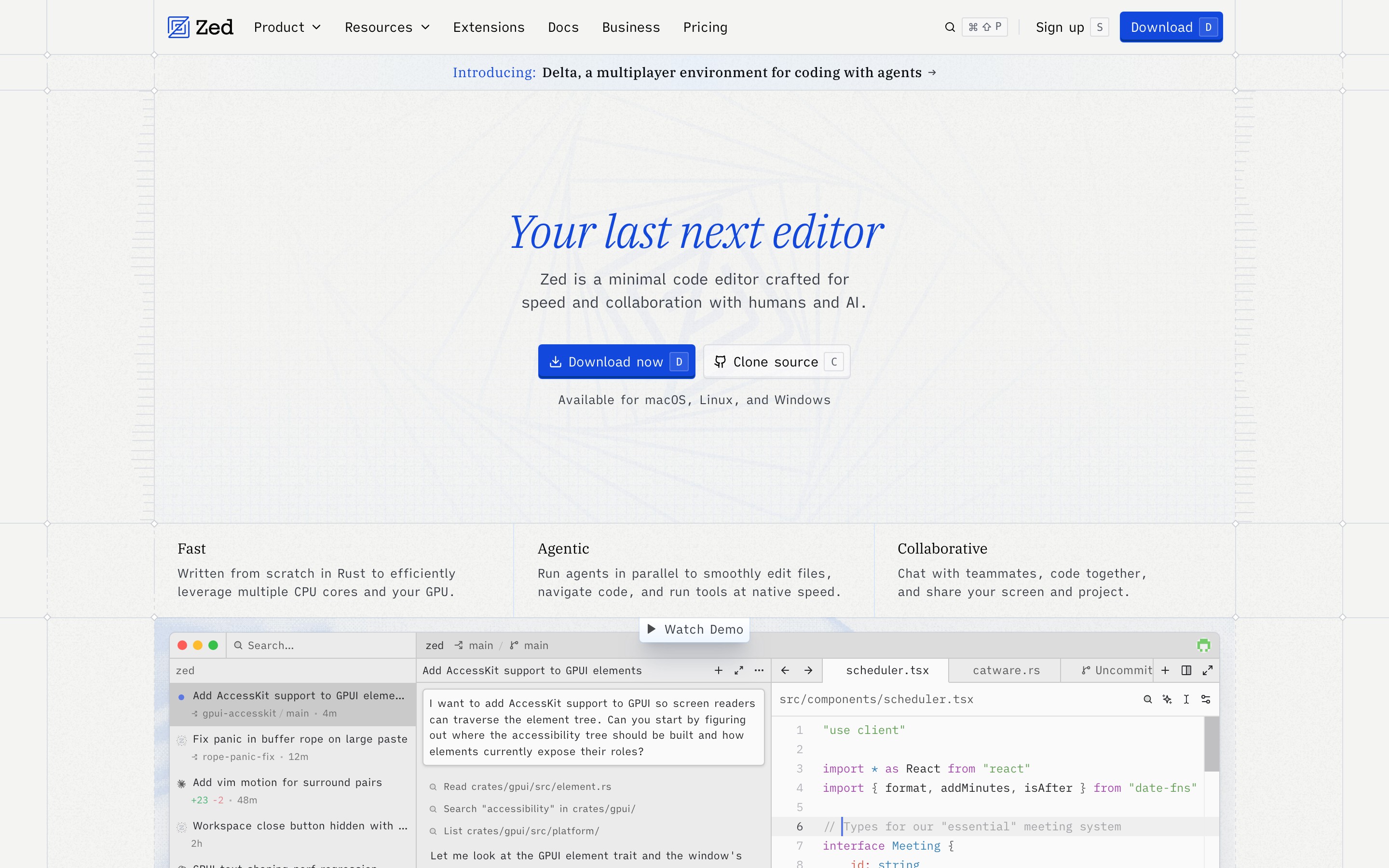 Zed landing page — first screen
