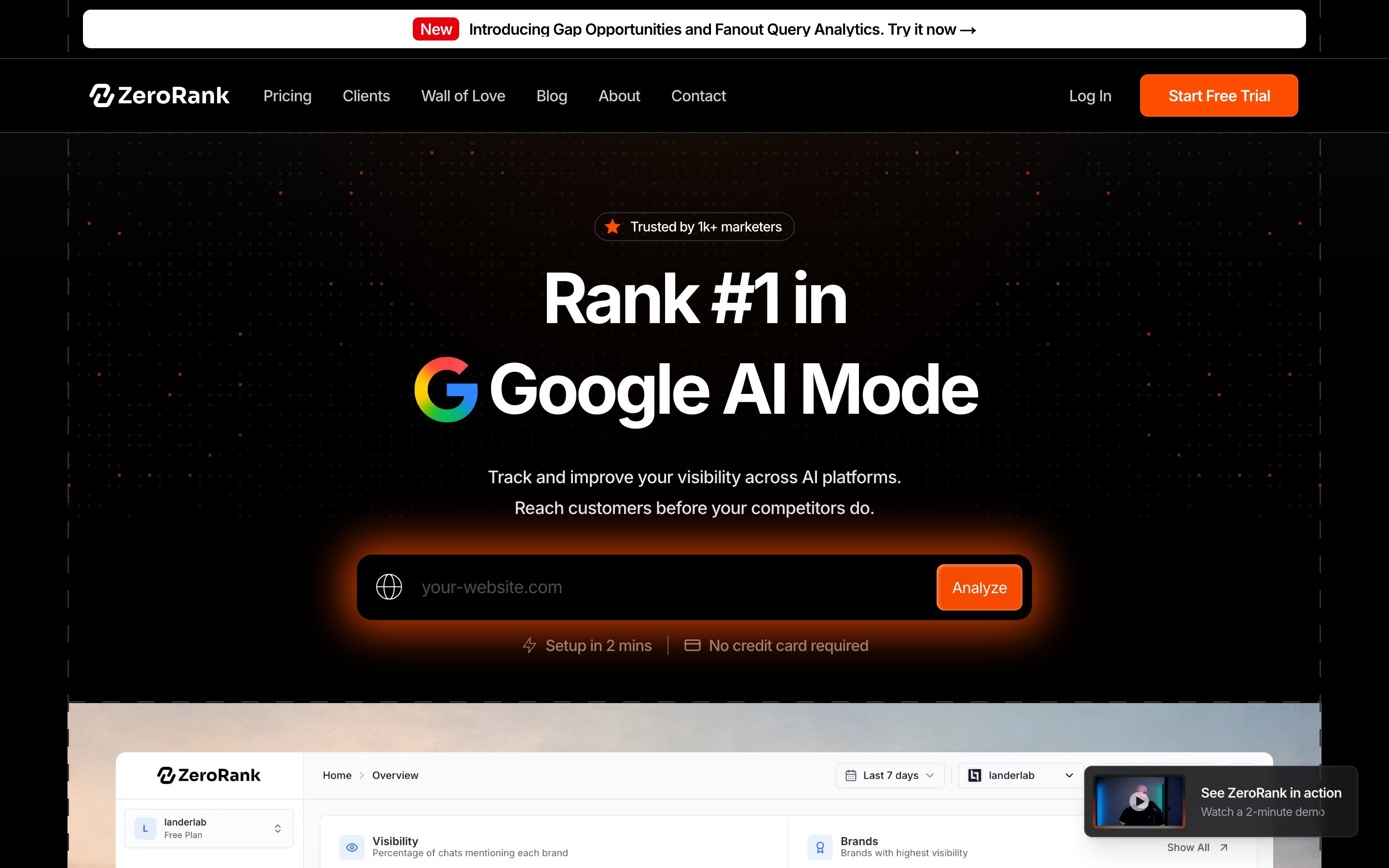 ZeroRank landing page — first screen